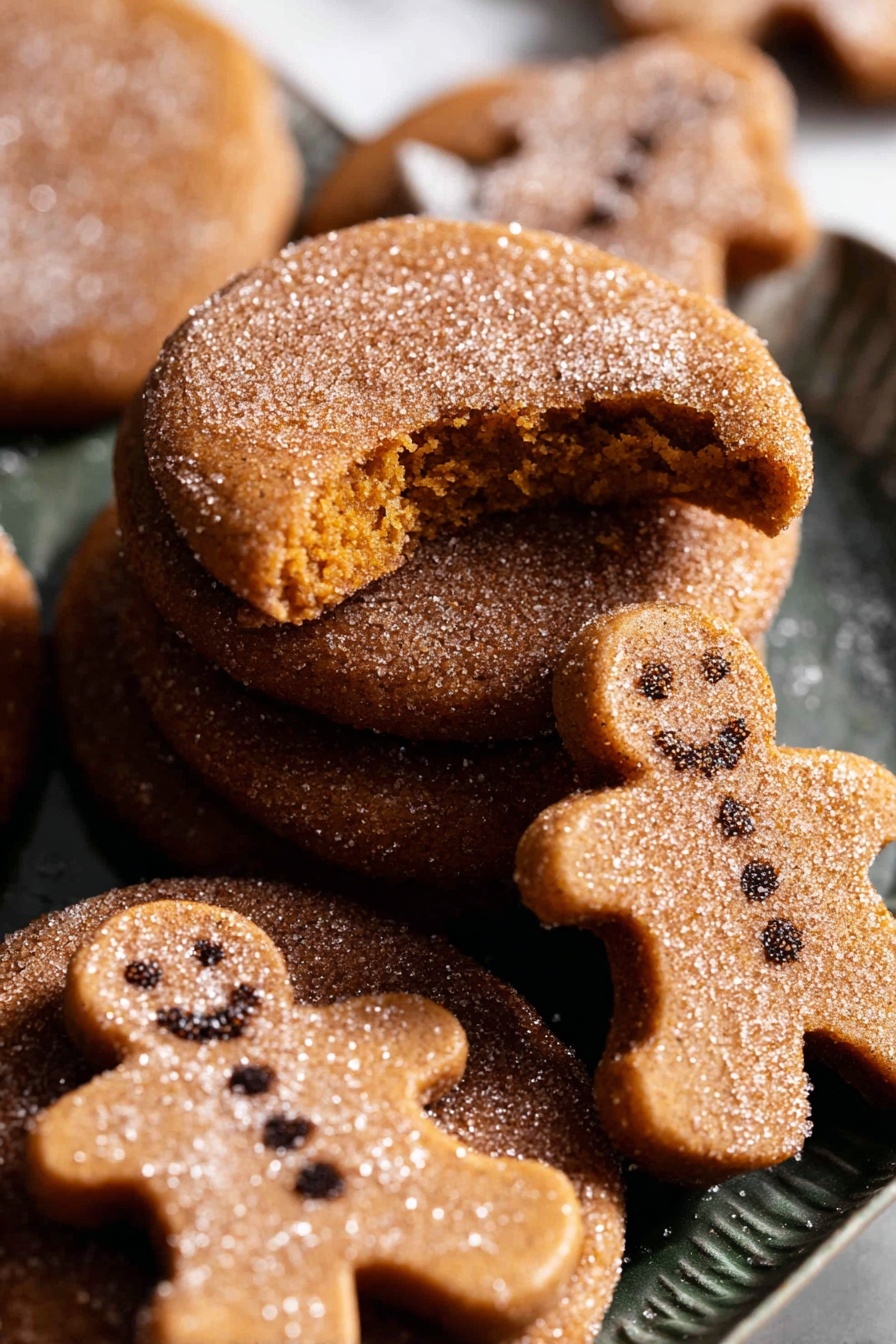 A close-up view of several round gingerbread cookies with a cinnamon sugar dusting on top, arranged on a dark textured tray placed on a white marbled surface. One cookie is broken in half and stacked in the center, showing a soft, moist, and dense orange-brown inside. Some cookies have small dark chocolate chip decorations on top, shaped like a gingerbread person. The light hits the sugar crystals, making them sparkle softly. Photo taken with an iphone --ar 2:3 --v 7