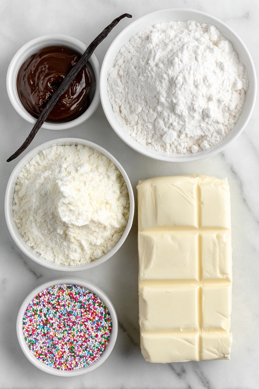 Flat lay of a large chunk of soft unsalted butter, a small white ceramic bowl filled with fine powdered sugar, a vanilla bean split open showing glossy black seeds alongside a small white bowl of smooth vanilla bean paste, a neat pile of all-purpose flour, a small white bowl containing coarse kosher salt, a small white bowl holding creamy melted white chocolate wafers, and a scattering of colorful holiday sprinkles artfully spread beside them, all arranged with perfect symmetry on a clean white marble surface, soft natural light, photo taken with an iPhone, professional food photography style, fresh ingredients, white ceramic bowls, no bottles, no duplicates, no utensils, no packaging --ar 2:3 --v 7 --p m7354615311229779997