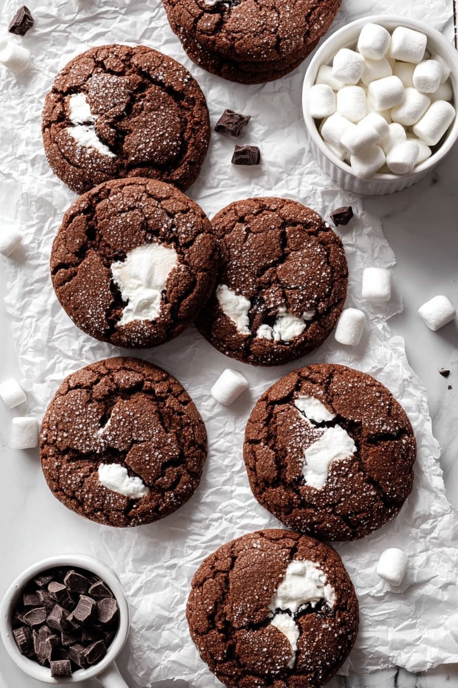 The image shows nine round chocolate cookies on crumpled white paper over a white marbled surface. Each cookie has a cracked dark brown outer layer with melted white marshmallow visible through the cracks in different places on each one. The cookies have a slightly rough and sugar-coated texture. To the top right of the cookies, a small white bowl is filled with white marshmallows. At the bottom left, there is a small white measuring cup filled with dark chocolate chunks. Scattered small marshmallows and chocolate pieces are spread around the cookies. The photo is taken with an iphone --ar 2:3 --v 7