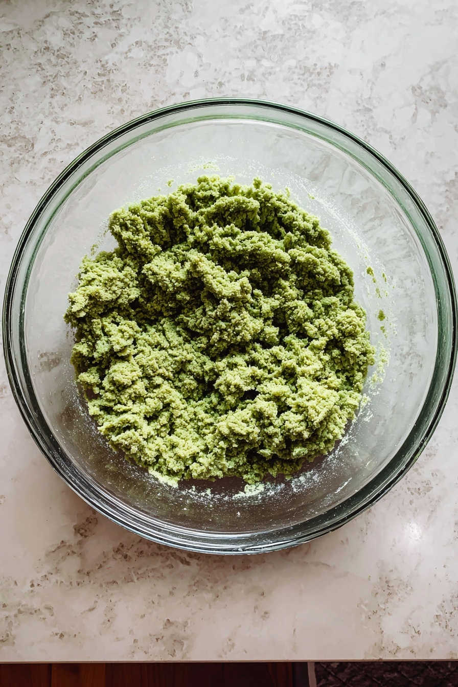 The image shows a pile of green sandwich cookies with flaky texture and small crumbs scattered around. Each cookie has two layers with a visible red jam filling in the middle, and the top layer has a heart-shaped cutout revealing the shiny jam below. The cookies have a scalloped edge and a slightly rough surface with specks of nuts or similar ingredients. One cookie is partially eaten, showing the crumbly interior and the jam inside. All cookies rest on a white plate with small red patterns around the edge, placed on a white marbled surface. photo taken with an iphone --ar 2:3 --v 7