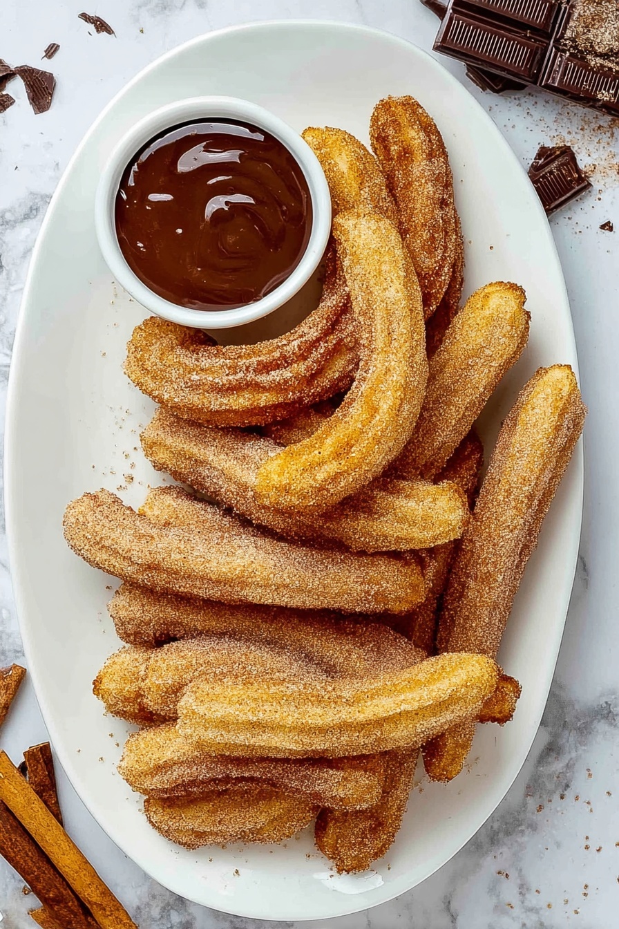 A white oval plate holds about 18 golden brown churros covered with a light layer of cinnamon sugar. The churros are thick and slightly curved, placed piled up mostly on the right side and spreading towards the center. On the top left side of the plate, a small white bowl filled with smooth, rich, dark chocolate sauce sits. The plate is on a white marbled surface with a few pieces of dark chocolate and some cinnamon sticks scattered around. Photo taken with an iphone --ar 2:3 --v 7