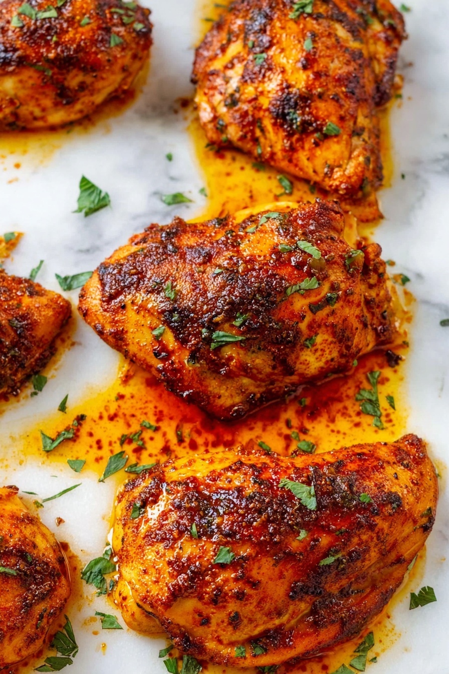 The image shows several pieces of cooked chicken placed on a white marbled surface. Each piece has a golden-brown color with some darker charred spots and is covered in a reddish-orange sauce with oil pooling around them. The chicken is sprinkled with small green herbs, adding a fresh touch. The texture of the chicken looks crispy and slightly rough on the edges from the cooking. photo taken with an iphone --ar 2:3 --v 7