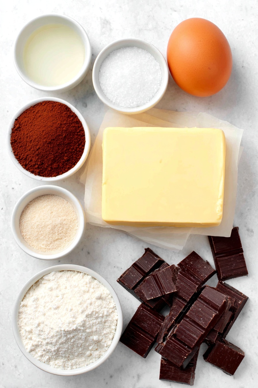 Flat lay of a smooth, pale yellow block of unsalted butter, a small mound of fine white granulated sugar, one large brown egg with a clean shell, a small white bowl of clear vanilla extract, a small white bowl of clear peppermint extract, a neat pile of light beige all-purpose flour, a small heap of dark brown natural cocoa powder, a small white bowl with fine white baking powder, a small scattering of white salt crystals, a pile of coarsely chopped glossy dark semi-sweet chocolate chunks, a small white bowl of clear vegetable oil placed on a clean white marble surface, soft natural light, photo taken with an iPhone, professional food photography style, fresh ingredients, white ceramic bowls, no bottles, no duplicates, no utensils, no packaging --ar 2:3 --v 7 --p m7354615311229779997