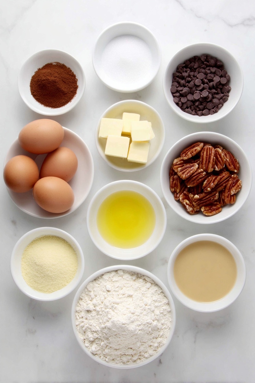 Flat lay of a small mound of all-purpose flour, a small white bowl of baking powder, a small white bowl of salt, a small white bowl with a pinch of ground cinnamon, a generous puddle of melted butter in a small white bowl, a small white bowl filled with granulated sugar, a small white bowl of unsweetened cocoa powder, four whole large brown eggs with clean shells, a small white bowl of vanilla extract, a small white bowl of semi-sweet chocolate chips, a simple white plate with roughly chopped pecans, a small white bowl of creamy caramel sauce, a small white bowl of mini semi-sweet chocolate chips, a small white bowl with softened butter, a small white bowl of light corn syrup, a small white bowl of sifted powdered sugar, and a small white bowl with milk — all arranged in perfect symmetry and balanced proportions, placed on a clean white marble surface, soft natural light, photo taken with an iPhone, professional food photography style, fresh ingredients, white ceramic bowls, no bottles, no duplicates, no utensils, no packaging --ar 2:3 --v 7 --p m7354615311229779997