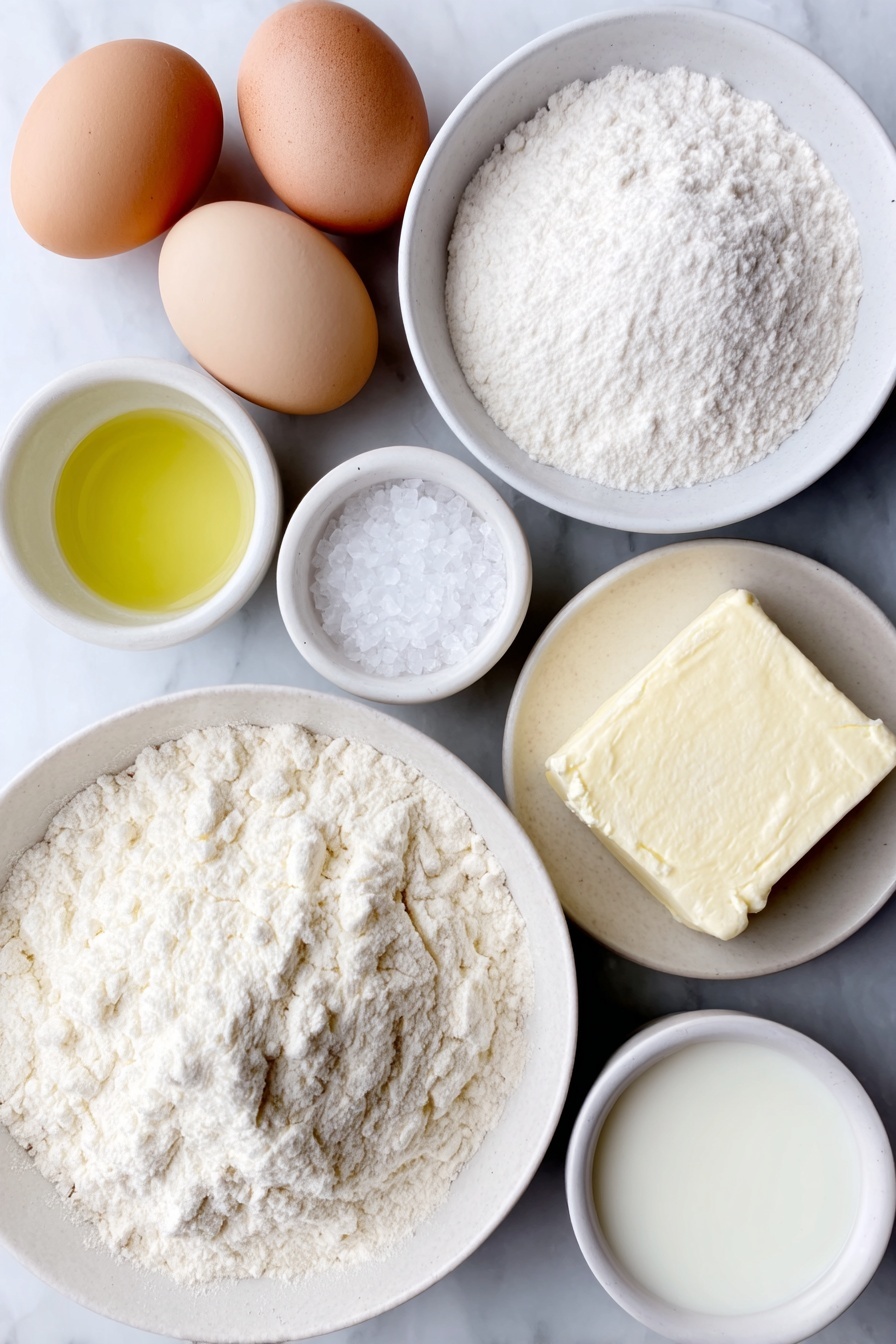 Flat lay of a small pile of all-purpose flour in a simple white ceramic bowl, a small white bowl of granulated sugar, a small white bowl containing baking powder, another small white bowl with baking soda, a small white bowl of kosher salt, a small white bowl filled with whole milk, two whole uncracked brown eggs, a small white bowl with light golden vegetable oil, a small white bowl with pale green liquid representing green food coloring, a small white bowl of pure vanilla extract, a block of soft cream cheese on a white ceramic plate, a small white bowl of powdered sugar, a small white bowl of whole milk for the glaze, and a tiny pinch of salt displayed as a few crystals on the surface; all ingredients arranged in perfect symmetry, fresh and natural, placed on a clean white marble surface, soft natural light, photo taken with an iPhone, professional food photography style, fresh ingredients, white ceramic bowls, no bottles, no duplicates, no utensils, no packaging --ar 2:3 --v 7 --p m7354615311229779997
