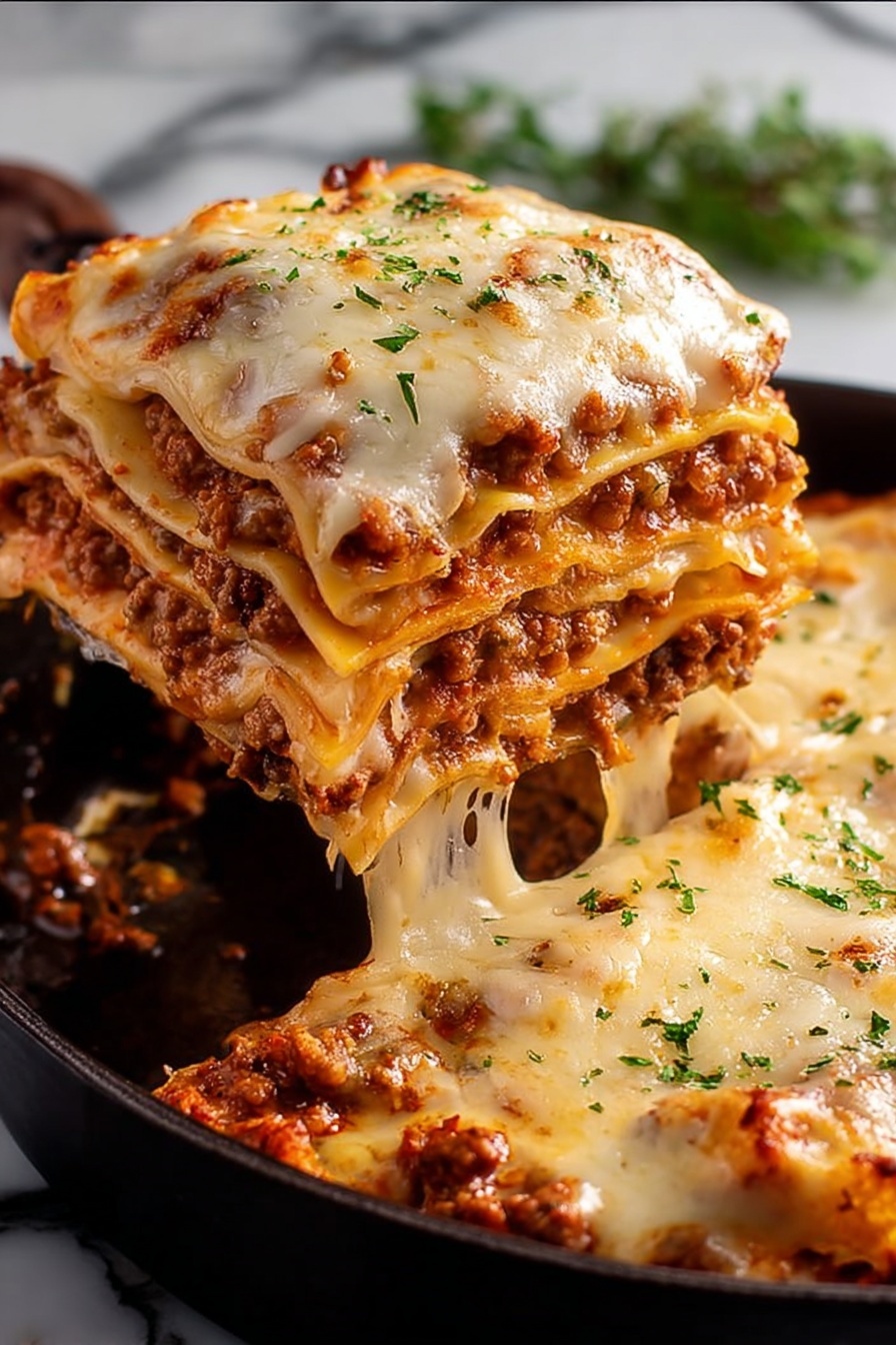 This image shows a thick slice of lasagna with four layers of wide pasta sheets, each layer separated by a rich mix of browned minced meat and tomato sauce, giving a reddish-brown color with visible meat chunks. The top layer is covered in melted, light golden cheese with some browned spots and sprinkled finely with green herbs. The slice is lifted slightly, showing stretchy melted cheese pulling between the layers. The dish is inside a black pan placed on a white marbled surface, and in the background, some herbs are slightly blurred. Photo taken with an iphone --ar 2:3 --v 7