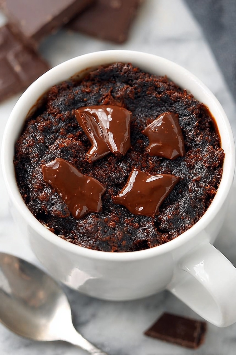 A white cup filled with a dark chocolate dessert that has a rough, moist texture. Large glossy melted chocolate chunks are scattered on the top layer, melting slightly into the dark base. The cup is placed on a white marbled surface with chocolate pieces in the background, and a silver spoon lies next to it. photo taken with an iphone --ar 2:3 --v 7