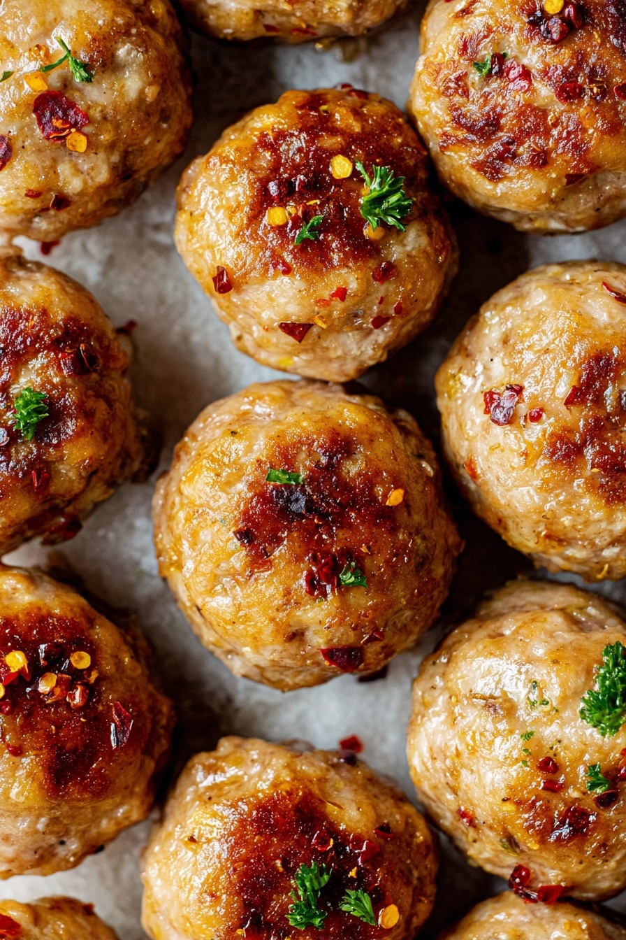 The image shows several round meatballs that are golden brown on the outside with a slightly crispy texture. Each meatball is evenly cooked with some small browned spots, giving a toasted appearance. They are topped with small green parsley pieces and sprinkled with coarse salt and red chili flakes, adding color contrast. The meatballs sit close together on a white marbled surface that has some faint marks from cooking. The overall look is warm and inviting, with a mix of beige, green, red, and white colors visible. photo taken with an iphone --ar 2:3 --v 7