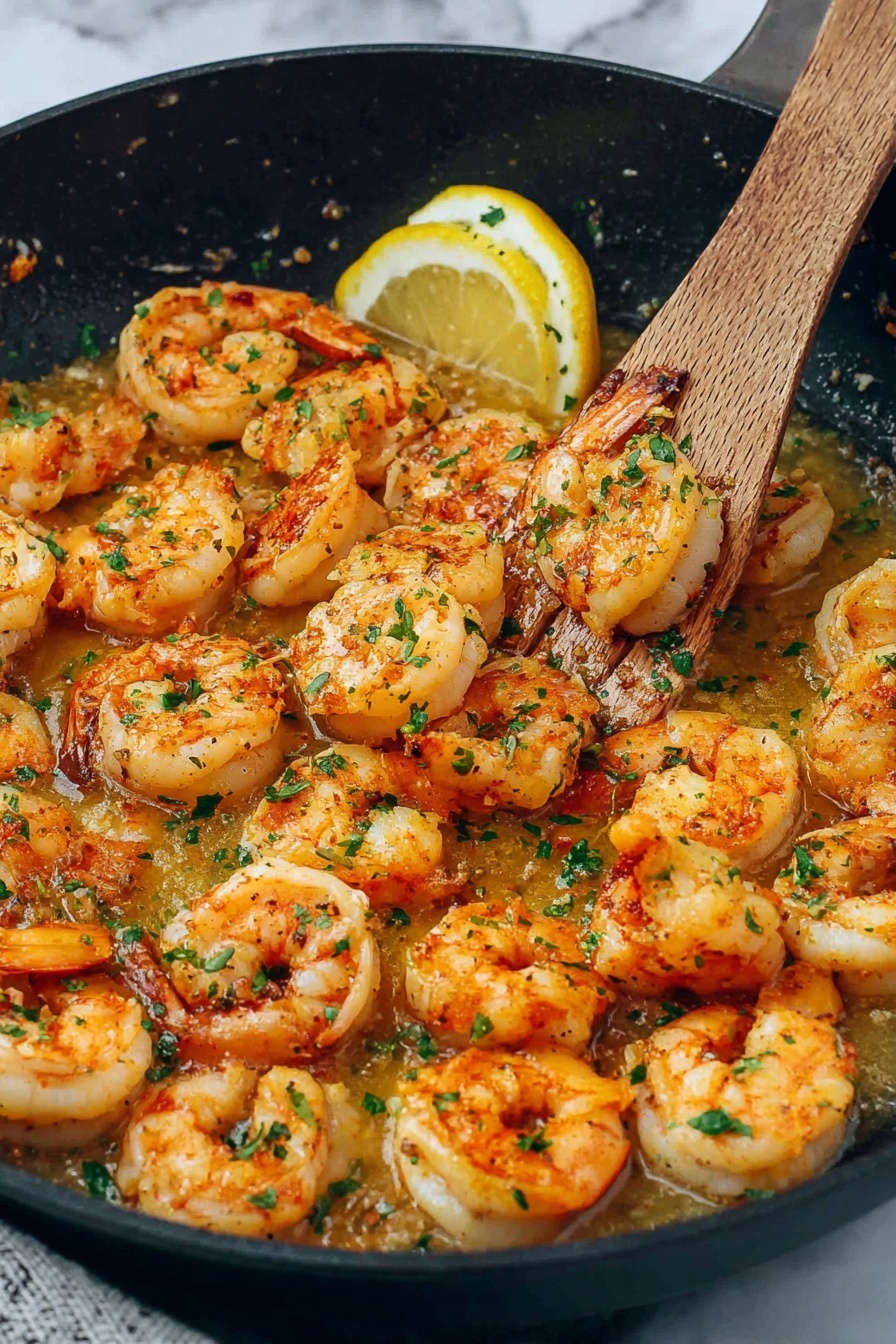 The image shows a black frying pan filled with cooked shrimp arranged in a mostly circular pattern, each shrimp orange and white with a slightly charred texture. The shrimp sit in a light golden sauce that pools at the bottom of the pan, and the dish is garnished with finely chopped green herbs scattered evenly on top. A slice of yellow lemon rests on the edge inside the pan, and a wooden spatula partially lifts some shrimp from the sauce. The background is a white marbled texture. Photo taken with an iphone --ar 2:3 --v 7
