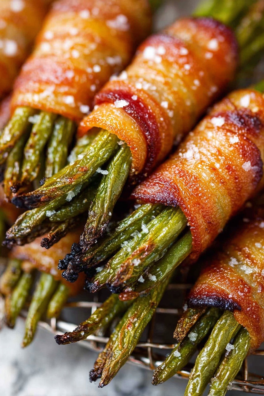 The image shows six bundles of green beans wrapped in crispy, golden-brown bacon placed on a metal rack above a white marbled surface covered with baking paper. Each bundle is tightly wrapped in one strip of bacon with the green beans sticking out on both ends, showing a mix of light and dark green hues with slightly charred tips. The bacon has a textured, shiny, and slightly oily look, with some white salt flakes sprinkled on top. The background is a white marbled texture and a blue and white striped cloth is slightly visible on the left side. Photo taken with an iphone --ar 2:3 --v 7