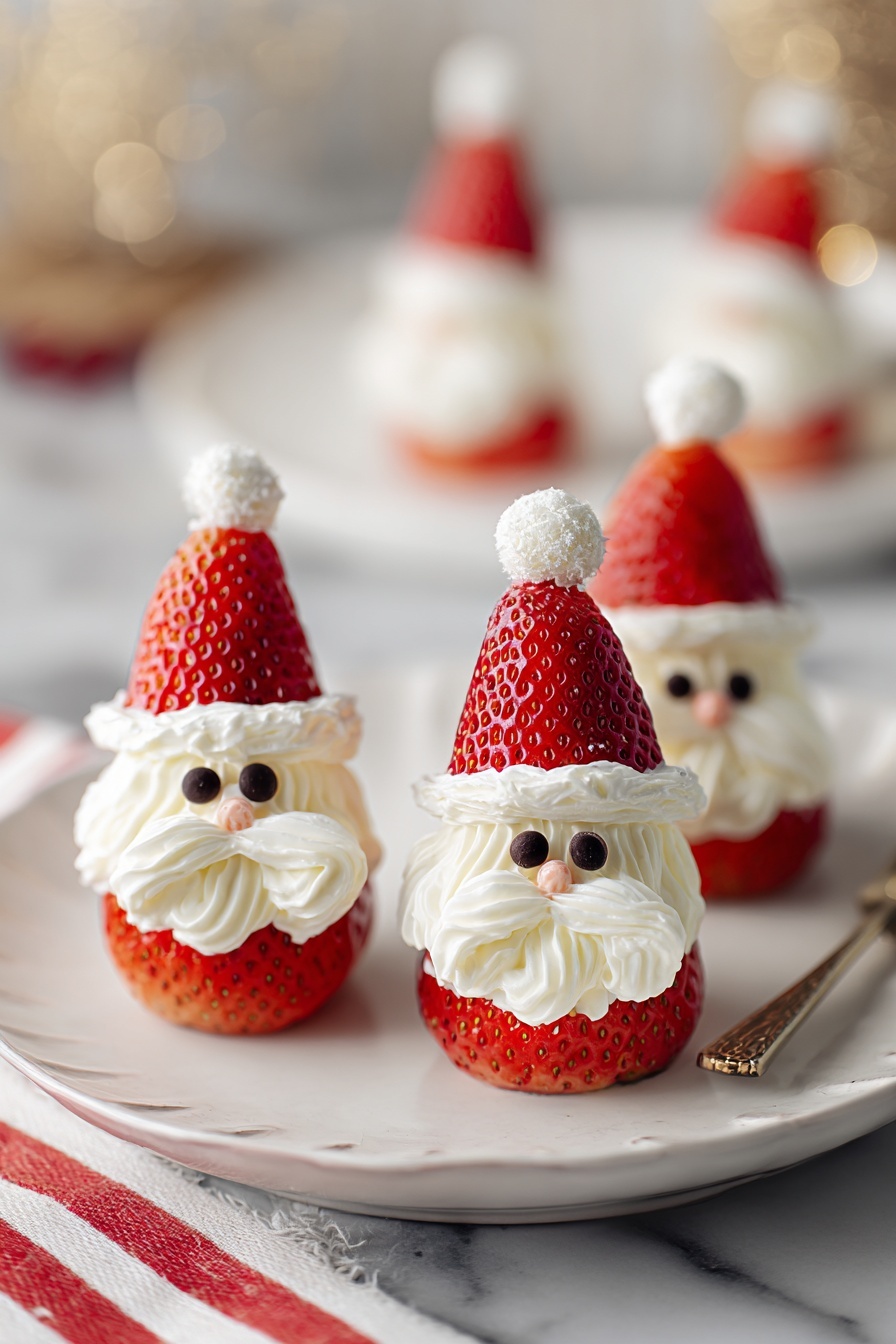 The image shows three small strawberry Santa figures arranged on a white plate with a gently scalloped edge, placed on a thin red and white striped mat on a white marbled surface. Each strawberry Santa has two parts: the bottom half is a bright red strawberry with visible seeds, and the top half is the strawberry cap placed upside down as a hat. Between these two strawberry layers is a thick swirl of white whipped cream forming a fluffy beard and face covering, with a small dollop of whipped cream placed on top of the hat as a pom-pom. Two small dark chocolate chips are pressed into the cream area to make eyes. A blurred fourth Santa is visible in the background on the same white marbled surface. Photo taken with an iphone --ar 2:3 --v 7