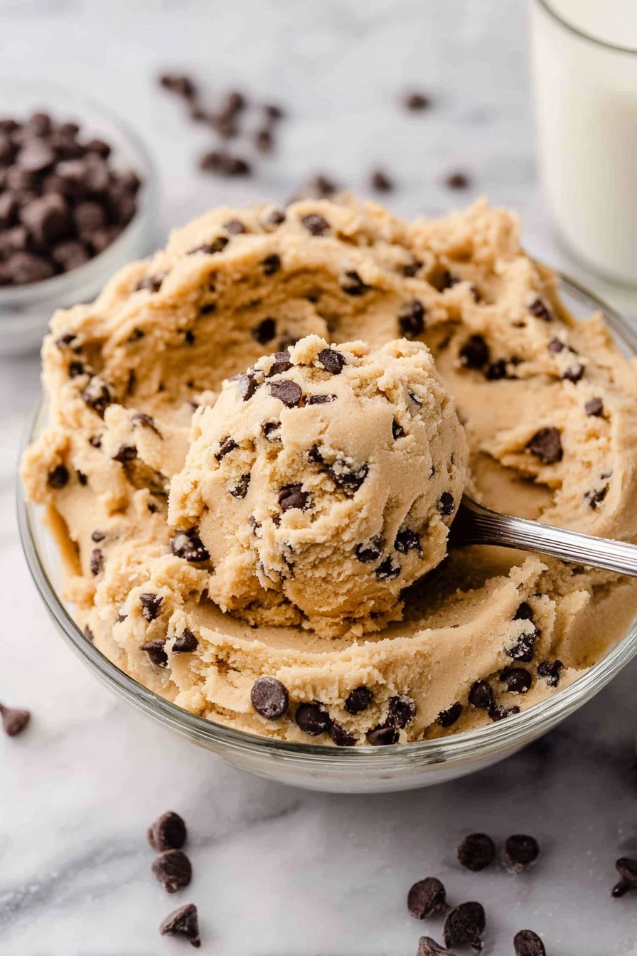 A large white bowl is filled with thick, light brown cookie dough mixed with many small dark chocolate chips. The dough has a soft, slightly crumbly texture with rough, uneven layers piled high. A silver spoon scoops into the dough in the center, lifting a large, rounded portion showing the dough's dense, grainy texture and chocolate chips inside. Scattered chocolate chips lie around the bowl on a white marbled surface, with a glass of milk blurred in the background. photo taken with an iphone --ar 2:3 --v 7