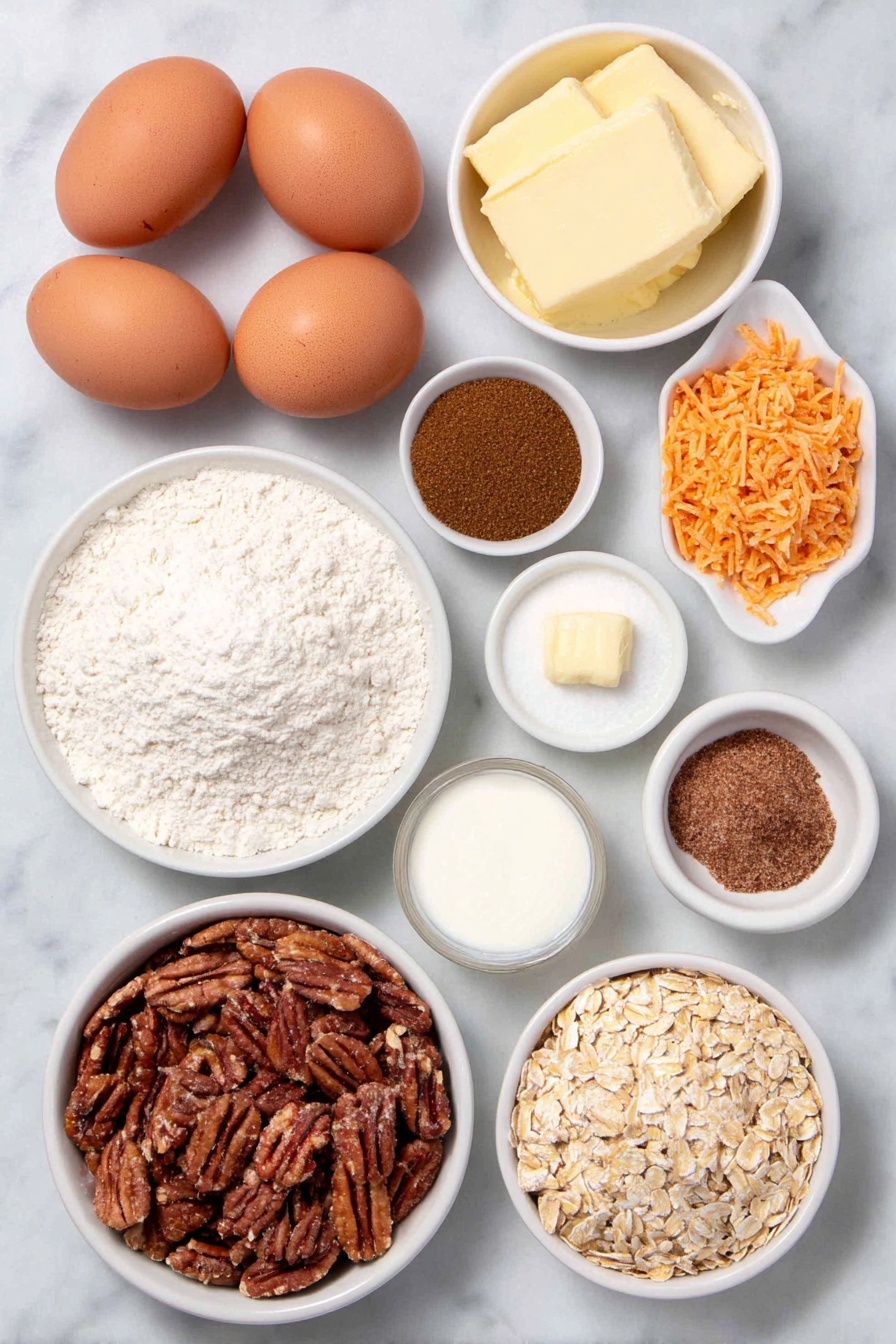 Flat lay of a small pile of whole uncracked brown eggs, a small mound of softened butter shaped into a smooth pat, a heap of packed brown sugar, a heap of granulated white sugar, a small white ceramic bowl filled with vanilla extract, a small white ceramic bowl holding finely ground cinnamon, ground ginger, ground nutmeg, ground cloves, and salt arranged side by side, a small white ceramic bowl filled with all-purpose flour, a small white ceramic bowl with baking soda powder, a neat pile of freshly shredded bright orange carrots, a small mound of quick oats with a pale beige color, a small pile of finely chopped pecans showing their rich brown texture, a small white ceramic bowl containing cream cheese softened to room temperature, a small white ceramic bowl with powdered sugar, a small white ceramic bowl with smooth butter softened to room temperature, and a small white ceramic bowl with milk, all placed on a clean white marble surface, soft natural light, photo taken with an iPhone, professional food photography style, fresh ingredients, white ceramic bowls, no bottles, no duplicates, no utensils, no packaging --ar 2:3 --v 7 --p m7354615311229779997