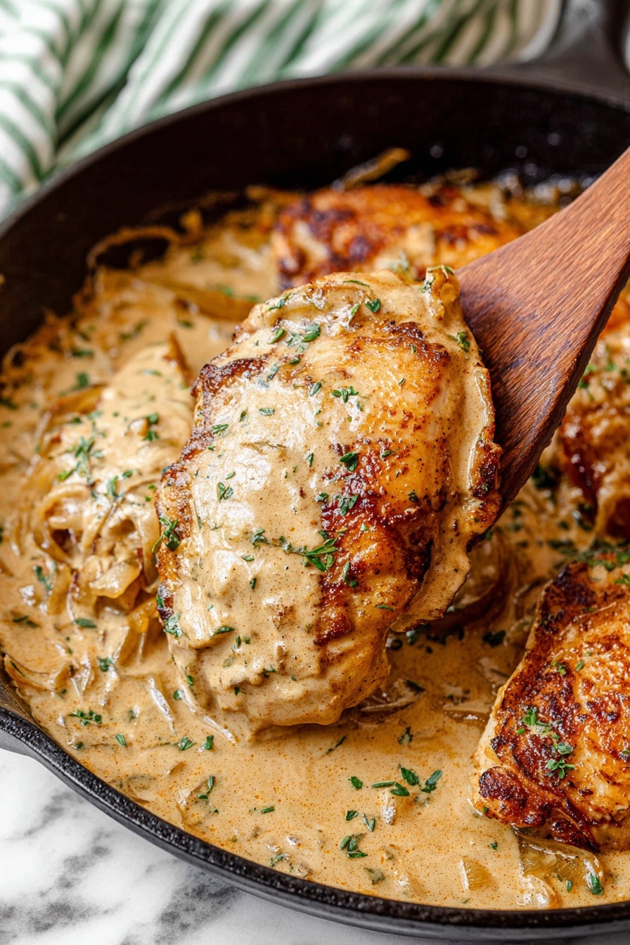 A skillet with two layers of golden-brown cooked chicken pieces covered with a creamy light brown sauce that has visible onion slices mixed in. One chicken piece is being lifted by a wooden spatula held by a woman's hand on the right side of the image. The sauce has a smooth texture with small flecks of herbs scattered on and around the chicken, giving a fresh look. The skillet's black edge contrasts with the creamy sauce inside. The background is a white marbled texture with a light green and white striped cloth underneath the skillet. Photo taken with an iphone --ar 2:3 --v 7