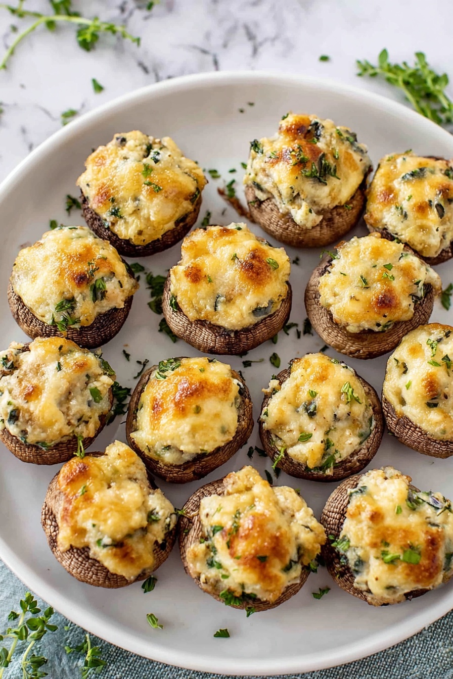 A white plate holds fifteen stuffed mushrooms arranged close together. Each mushroom has a brown, round base filled with a creamy, light tan mixture topped with melted, golden-toned cheese, showing small brown spots from baking. The filling is mixed with chopped green herbs, giving a slight fresh touch. The plate sits on a white marbled surface with small green herb pieces scattered around. Photo taken with an iphone --ar 2:3 --v 7