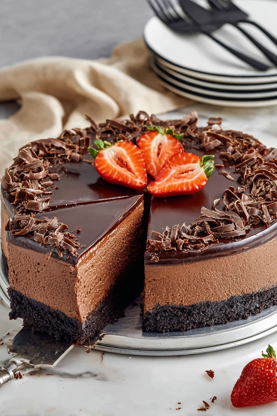 A chocolate cake with three visible layers sits on a silver metal base on top of a white marbled surface. The bottom layer is dark with a crumbly texture, the middle layer is thick and lighter brown and smooth, while the top layer is a shiny dark chocolate glaze spread evenly. The edge of the top layer is decorated with curled chocolate shavings. On top, there are three fresh strawberry halves placed in the center, their red color with green leaves contrasting with the chocolate. One slice of the cake is being lifted, showing the smooth inside layers clearly. In the background, two stacked white plates with black rims have two black forks placed on top. A beige cloth is also partly visible. Photo taken with an iphone --ar 2:3 --v 7