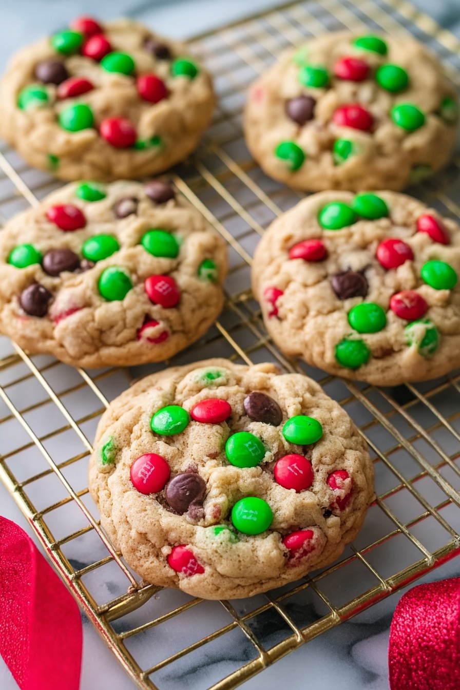 Six round cookies are placed on a gold wire rack over a white marbled surface. Each cookie has a light brown base with a soft, slightly cracked texture and is dotted with red and green candy-coated chocolates scattered evenly on top. One cookie near the bottom center also shows dark brown chocolate chips partly covered by the candies. A bright red ribbon is partly visible in the lower right corner, adding a festive touch. The photo taken with an iphone --ar 2:3 --v 7