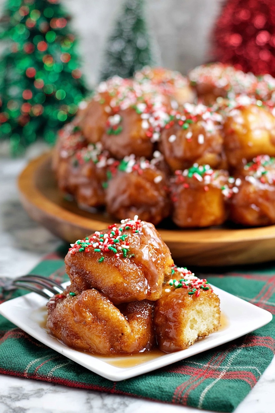 The image shows a close-up of a monkey bread made of small golden-brown dough pieces stuck together in a round shape, glistening with a sticky glaze. On top and around the monkey bread, there are small red, green, and white sprinkles scattered, adding a festive touch. The monkey bread is placed on a white plate with a subtle wood pattern, and the background is a blurred white marbled texture with a hint of green and red decorations, suggesting a holiday theme. Photo taken with an iphone --ar 2:3 --v 7