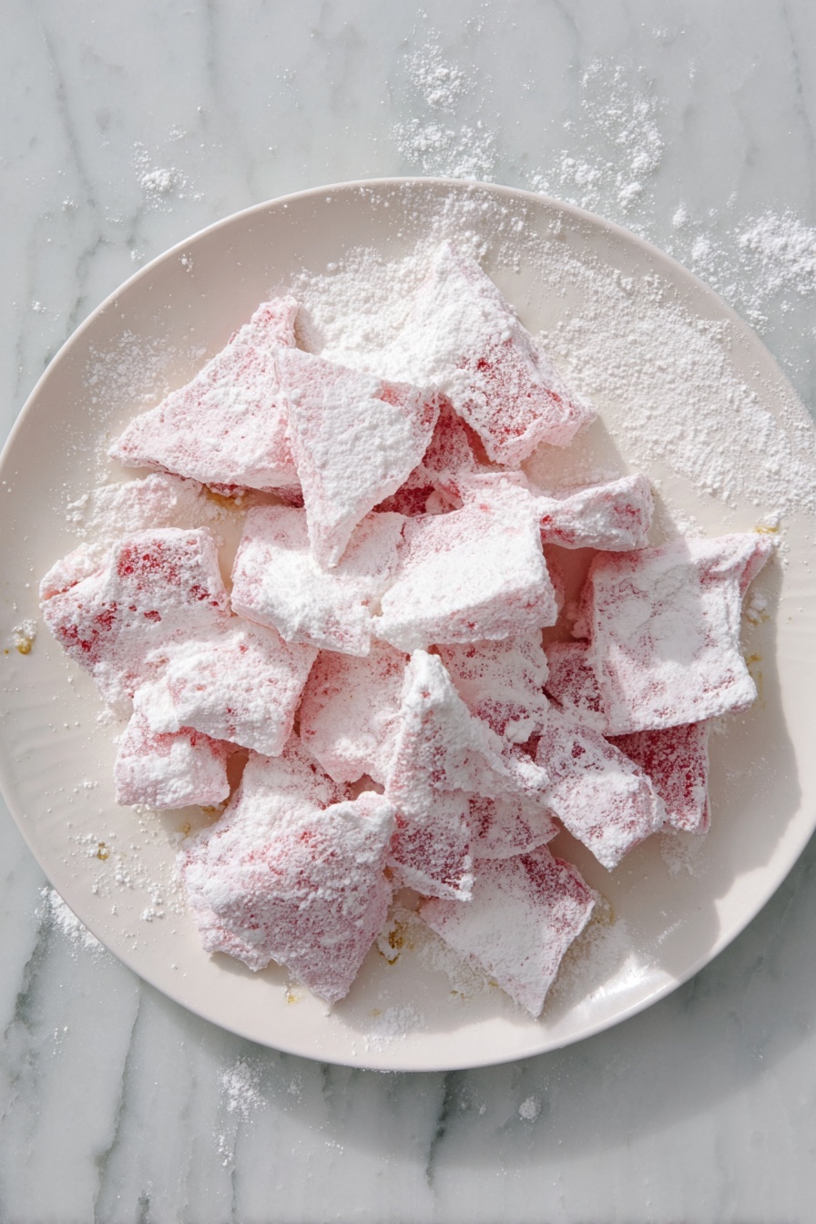 A white round plate is filled with pink and white powdered candy pieces that have an irregular shape and rough texture, stacked into a small mound. The plate is placed on a white marbled surface surrounded by silver tinsel garland. Scattered around the tinsel are small Christmas ornaments in red, gold, and silver with shiny and glittery surfaces, some attached to gold hanging strings. photo taken with an iphone --ar 2:3 --v 7