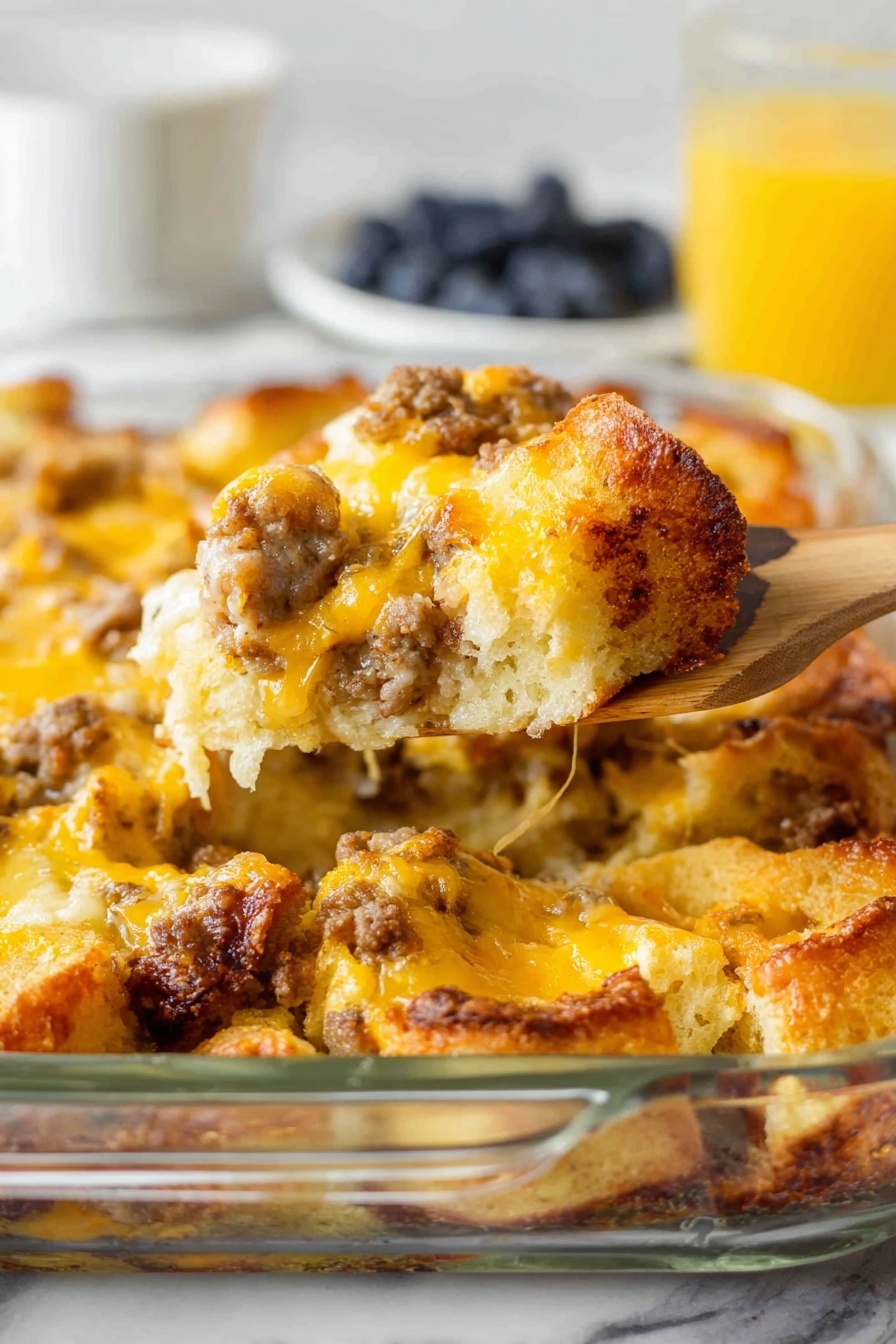 The image shows a close-up of a baked dish in a clear glass pan on a white marbled surface, with a wooden spatula holding a portion of it. The dish has three main layers: a bottom layer of light golden bread pieces that look soft and fluffy with slight crisp edges, a middle layer of brown, cooked sausage chunks scattered unevenly, and a top layer of melted yellow cheese that melts into the bread and sausage, with some parts crisped and browned. The background is softly blurred, showing hints of a white plate with dark blueberries and a glass of orange juice. The photo taken with an iphone --ar 2:3 --v 7