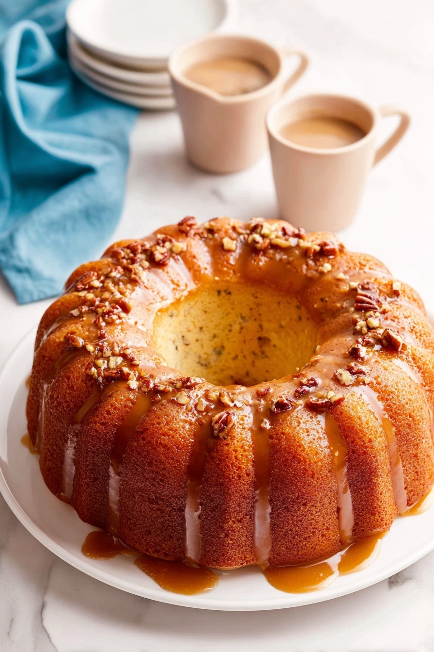 A golden brown bundt cake with a smooth, shiny texture sits on a white plate on a white marbled surface. The cake has a circular shape with ridged sides and a hollow center ring. On top, there is a layer of glossy caramel glaze with small pieces of pecans embedded around the inner circle. The caramel has slightly dripped over the sides onto the plate. In the background, two beige cups filled with coffee sit partially visible, accompanied by a stack of white plates and a blue cloth on the left side. Photo taken with an iphone --ar 2:3 --v 7