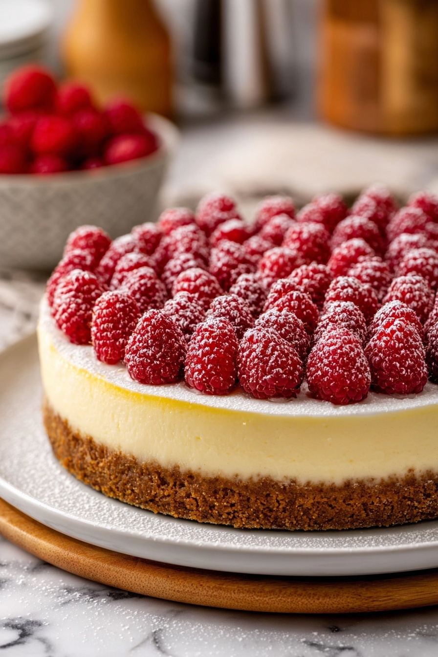 The image shows a round cheesecake with three main layers. The bottom layer is a thick, crumbly brown crust. Above this is a smooth, light yellow cream cheese layer. The top layer is white and smooth, covered with many fresh red raspberries arranged closely together in neat rows. The raspberries are dusted with a light sprinkle of powdered sugar. The cheesecake is placed on a white plate, and the surface beneath has a white marbled look. In the background, there are blurred kitchen items and a bowl of more raspberries. photo taken with an iphone --ar 2:3 --v 7