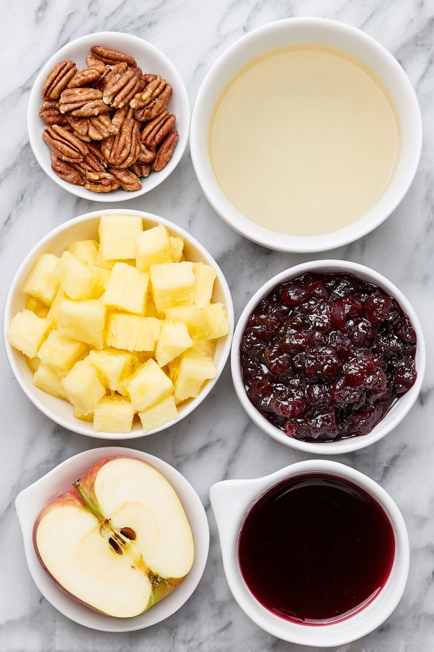 Flat lay of two small boxes of raspberry jello powder, a simple white ceramic bowl with steaming boiling water, a small white bowl filled with crushed pineapple chunks and juice, a small white bowl with whole berry cranberry sauce, a peeled and chopped Honeycrisp apple arranged neatly on the surface, a small pile of chopped pecans, and a small white bowl holding deep red cranberry juice, all placed on a clean white marble surface, soft natural light, photo taken with an iPhone, professional food photography style, fresh ingredients, white ceramic bowls, no bottles, no duplicates, no utensils, no packaging --ar 2:3 --v 7 --p m7354615311229779997