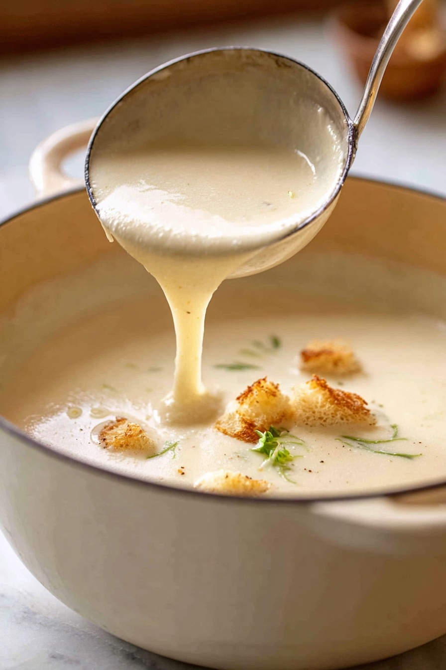 A close-up image shows a large ladle lifting creamy white soup from a white pot. The soup looks smooth and thick with a silky texture and has small croutons and a tiny green garnish floating on top. A thin drip of soup flows from the edge of the ladle back into the pot. The pot sits on a surface with a white marbled texture in soft warm light. Photo taken with an iphone --ar 2:3 --v 7