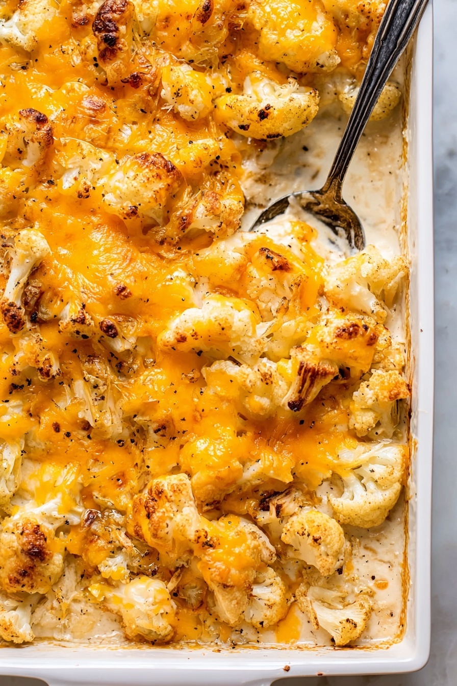 The image shows a white rectangular baking dish filled with a cheesy casserole. The casserole has roughly three layers: the bottom layer is a creamy white sauce, the middle layer contains light golden-brown cauliflower pieces, and the top layer is melted bright orange cheese with browned spots, giving a crispy look. Small bits of browned onion are scattered throughout the cauliflower, and some black pepper is sprinkled over the cheese. A metal spoon with a dark handle rests in the top corner of the dish. The dish sits on a white marbled surface. Photo taken with an iphone --ar 2:3 --v 7