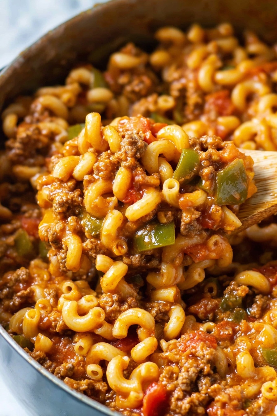 The image shows a close-up of a large pot filled with a thick, saucy macaroni pasta dish. There is a mix of three main layers visible: tender elbow macaroni noodles in light orange color coated with the sauce, chunky browned ground meat scattered throughout, and diced green bell peppers and red tomatoes adding pops of green and red colors in the mix. A wooden spoon is partially dipped into the pot, lifting some of the pasta, sauce, meat, and vegetables, showing a moist and textured surface. The background is a soft white marbled texture, and the lighting highlights the glossy and hearty texture of the dish. Photo taken with an iphone --ar 2:3 --v 7