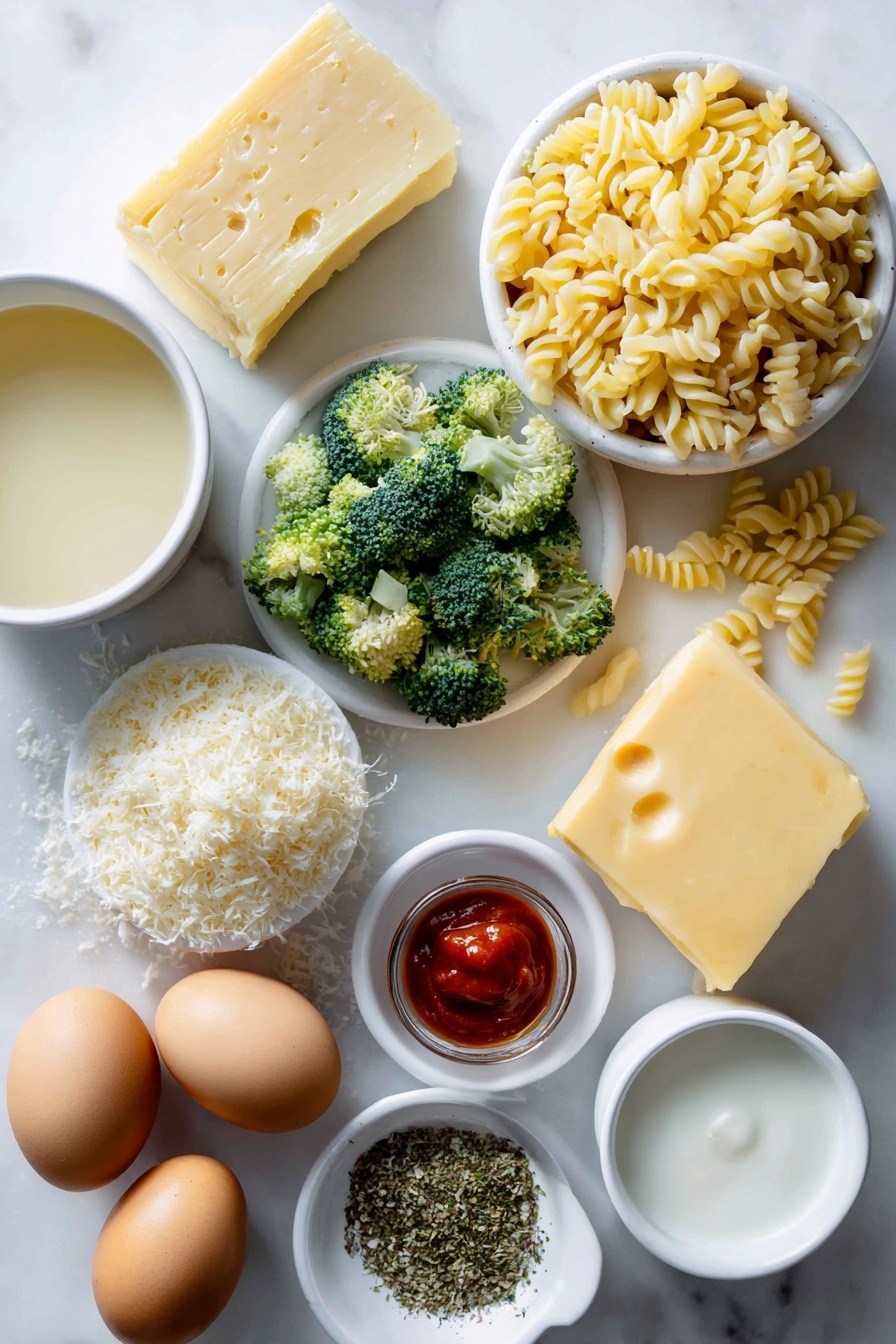 Flat lay of a small pile of golden Gemelli pasta, a small mound of finely chopped fresh broccoli florets, a stick of creamy butter, a block of sharp yellow cheddar cheese with some cheese shavings, a wedge of pale Parmesan cheese with some grated Parmesan, two whole uncracked brown eggs, a small white ceramic bowl filled with clear chicken broth, a small white ceramic bowl of pale half and half cream, a small white ceramic bowl containing vibrant red hot sauce, and a small white ceramic bowl with a mix of dried green and beige herbs and spices including onion powder, garlic powder, oregano, basil, mustard powder, and parsley sprinkled in a neat pile placed on a clean white marble surface, soft natural light, photo taken with an iPhone, professional food photography style, fresh ingredients, white ceramic bowls, no bottles, no duplicates, no utensils, no packaging --ar 2:3 --v 7 --p m7354615311229779997