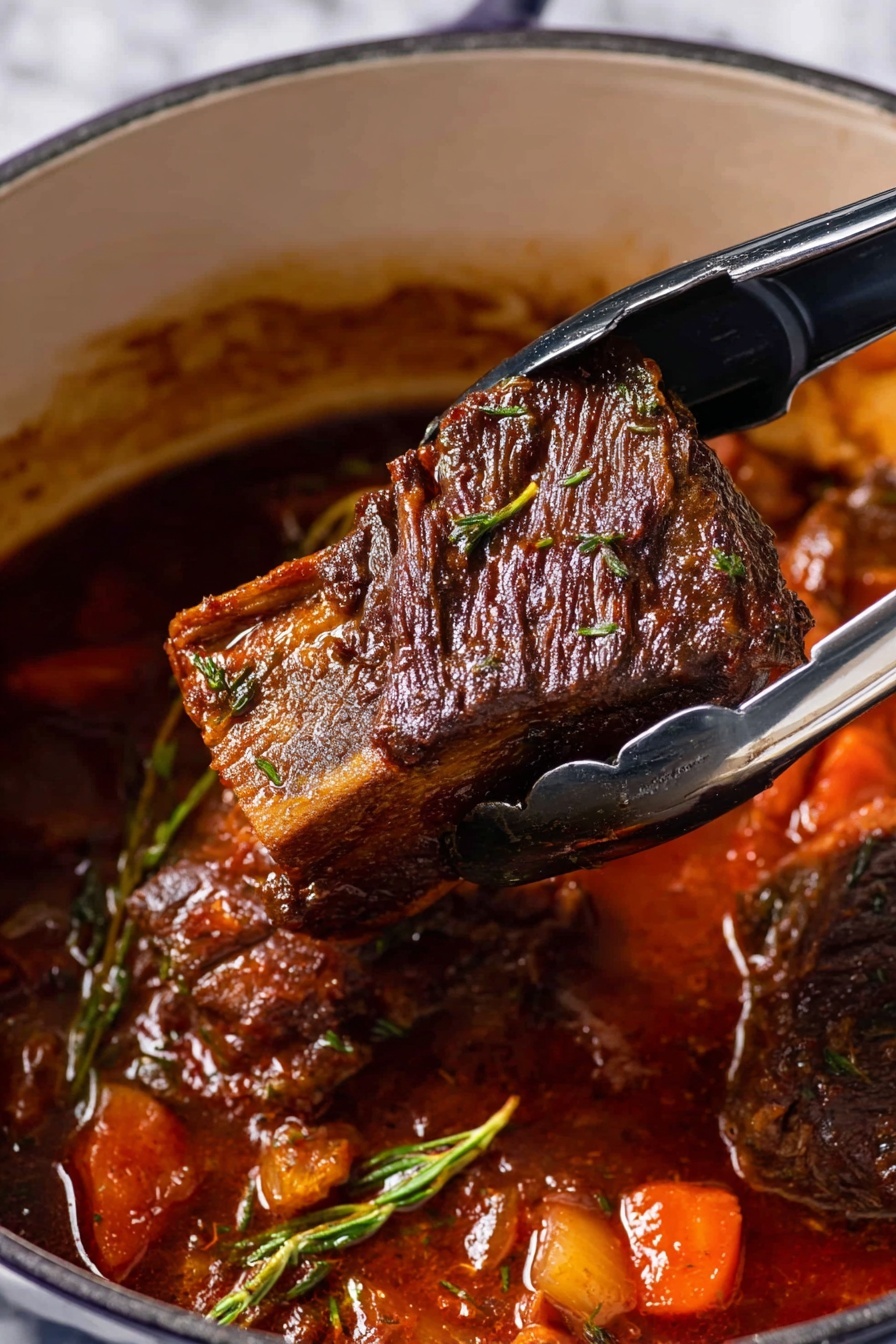 A thick piece of dark brown cooked beef with a rough texture is held by black tongs above a white pot filled with a rich, deep reddish-brown stew. The stew contains darker brown beef chunks, small bright orange carrot pieces, small light yellow onion chunks, and green sprigs of herbs, all simmered in a glossy, thick sauce. The pot rests on a white marbled surface. photo taken with an iphone --ar 2:3 --v 7