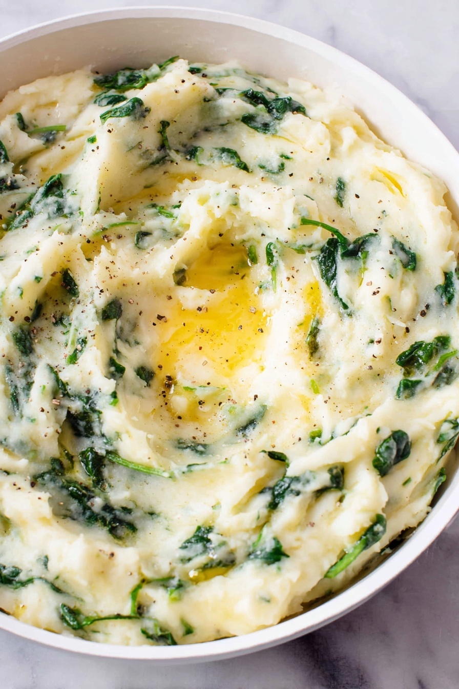 This image shows a close-up of creamy mashed potatoes mixed with green spinach leaves inside a white pan. The mashed potatoes have a soft, smooth texture with small lumps visible, and the spinach is bright green, scattered evenly throughout. There is a small melting pat of butter in the center, creating a shiny, yellow spot with some melted butter mixing into the potatoes. Small black pepper specks are sprinkled lightly over the top. The pan sits on a white marbled surface. Photo taken with an iphone --ar 2:3 --v 7