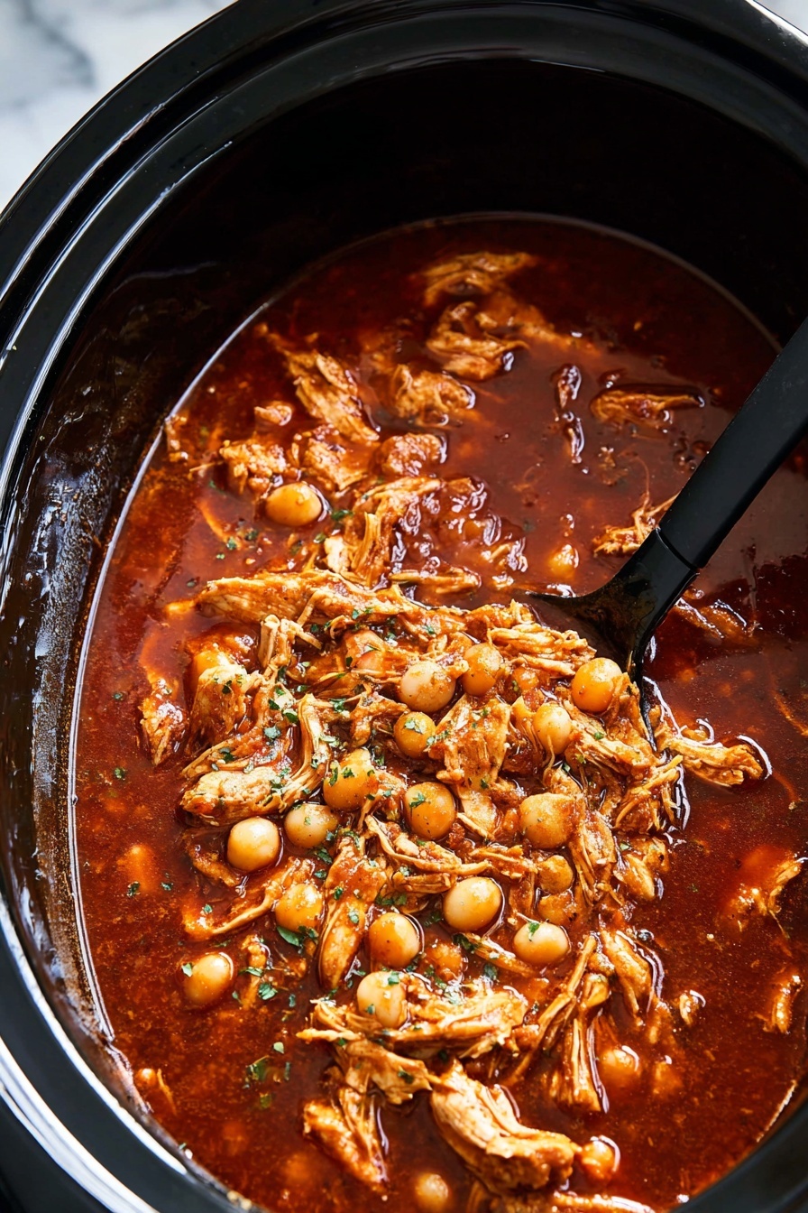 The image shows a close-up of a slow cooker filled with a rich, deep red stew, with shredded chicken pieces layered throughout the thick sauce. Scattered white hominy kernels add texture and contrast, floating on the surface. The stew is sprinkled with small green dried herbs that sit atop the reddish-brown liquid. A black ladle is partially submerged on the right side, resting against the rim of the cooker. This dish looks warm and hearty, sitting on a white marbled surface photo taken with an iphone --ar 2:3 --v 7