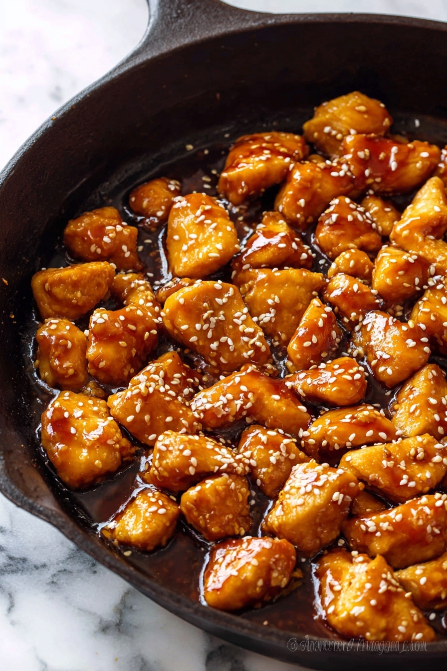 The image shows a black cast iron skillet filled with bite-sized pieces of golden brown chicken coated in a shiny, thick brown sauce. The chicken pieces look tender and are sprinkled with small white sesame seeds, adding texture and color contrast. The skillet is sitting on a white marbled surface, and the sauce pools around the chicken, giving a glossy finish to the dish. photo taken with an iphone --ar 2:3 --v 7