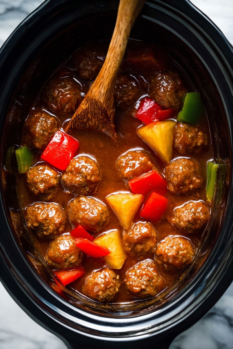 The image shows a black slow cooker filled with about twenty small, round meatballs in a rich brown sauce. Among the meatballs are pieces of red and green bell peppers and yellow chunks, possibly pineapple, adding bright color contrast. A wooden spoon with a warm brown tone is partially submerged in the sauce near the bottom center. The thick sauce coats the meatballs and vegetables, making them shiny and moist. The slow cooker sits on a surface with white marbled texture. photo taken with an iphone --ar 2:3 --v 7