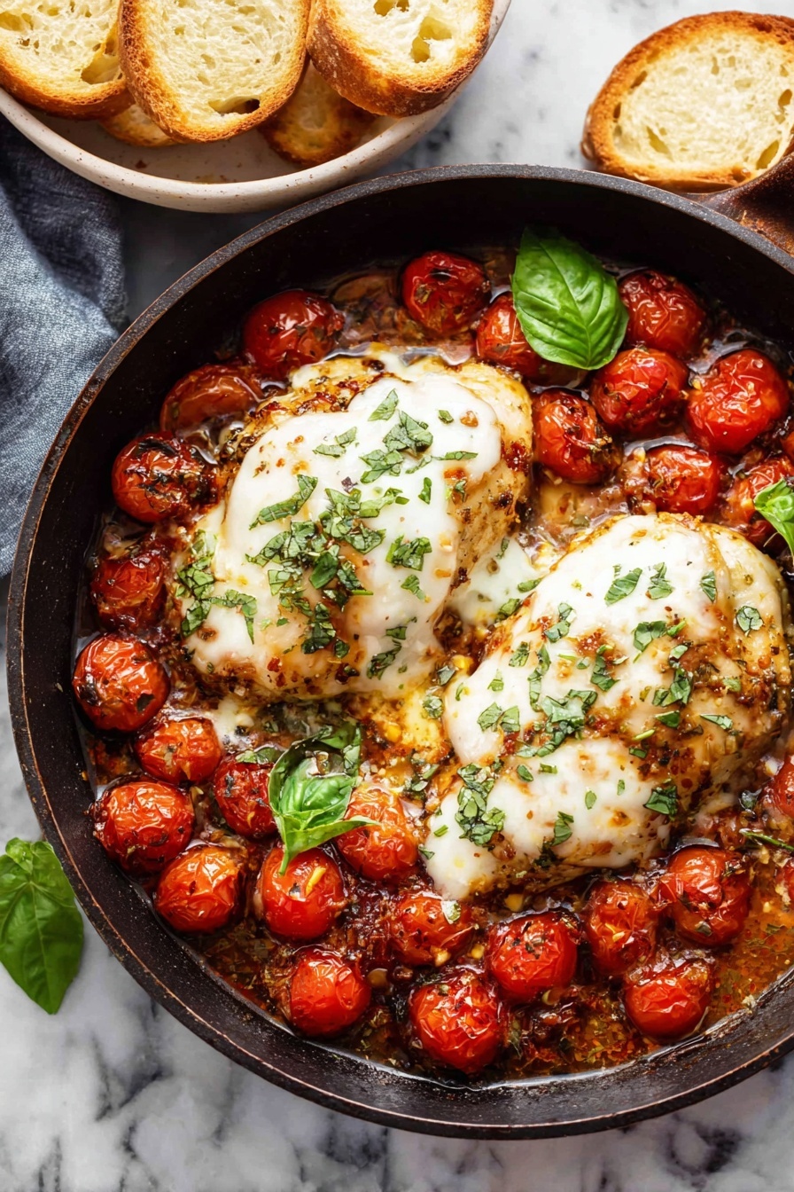 A black skillet holds two large cooked chicken pieces covered with melted white cheese on top, sprinkled with small green basil leaves. Around the chicken, there is a layer of cooked, slightly charred cherry tomatoes with a rich red color and bits of herbs. The tomatoes are sitting in a glossy, light sauce that fills the skillet's bottom. A few fresh basil leaves are placed on top as a garnish. Next to the skillet, there is a bowl with toasted white baguette slices on a white marbled surface. photo taken with an iphone --ar 2:3 --v 7