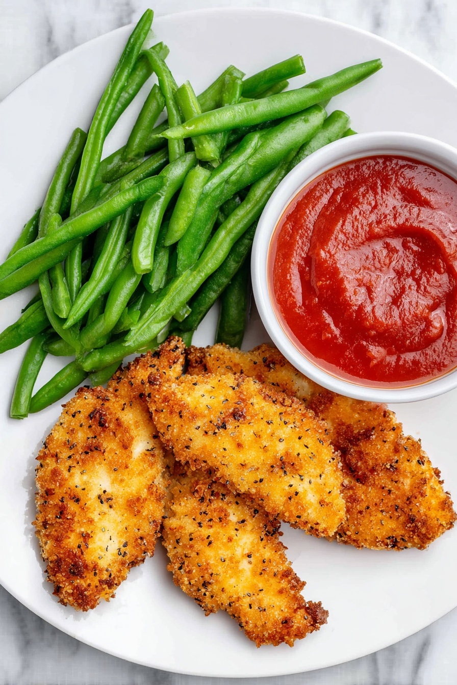 This image shows a white plate with three breaded crispy chicken strips at the bottom right, golden brown with visible seasoning and a crunchy texture; to the top left of the plate, there is a pile of fresh green beans, shiny and smooth, bright green in color; on the right side of the plate, there is a small white bowl filled with thick, smooth red sauce. The dish is placed on a white marbled surface. Photo taken with an iphone --ar 2:3 --v 7