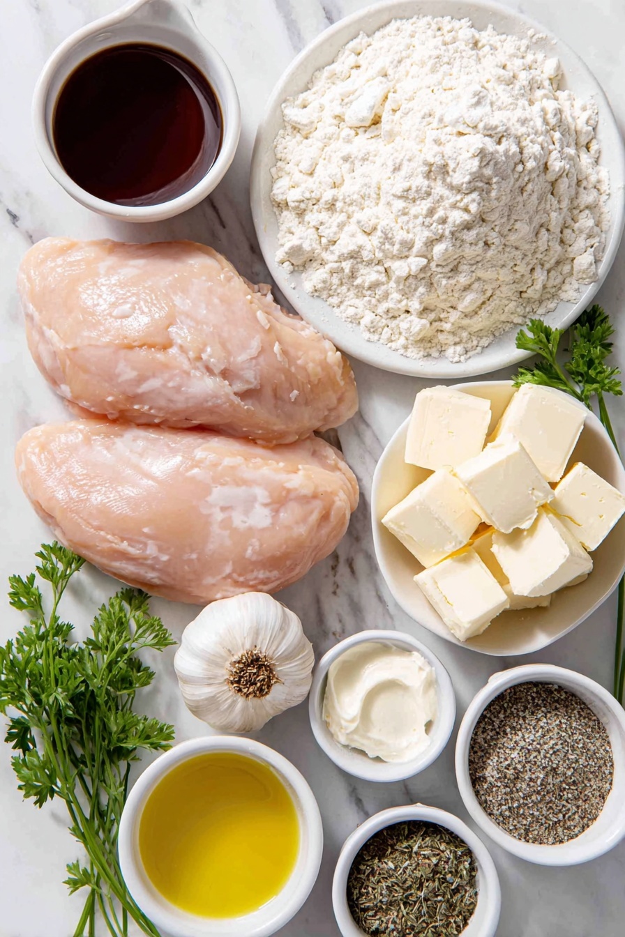 Flat lay of two fresh boneless, skinless chicken breasts, a whole garlic bulb with cloves visible, a few sprigs of fresh parsley, a small pile of all-purpose flour on white ceramic plate, a small white ceramic bowl of olive oil, a small white ceramic bowl of butter cubes, a small white ceramic bowl filled with chicken broth, a small white ceramic bowl of heavy cream, a small white ceramic bowl with coarse Italian seasoning, a small white ceramic bowl with cracked black pepper, all arranged symmetrically and naturally, placed on a clean white marble surface, soft natural light, photo taken with an iPhone, professional food photography style, fresh ingredients, white ceramic bowls, no bottles, no duplicates, no utensils, no packaging --ar 2:3 --v 7 --p m7354615311229779997