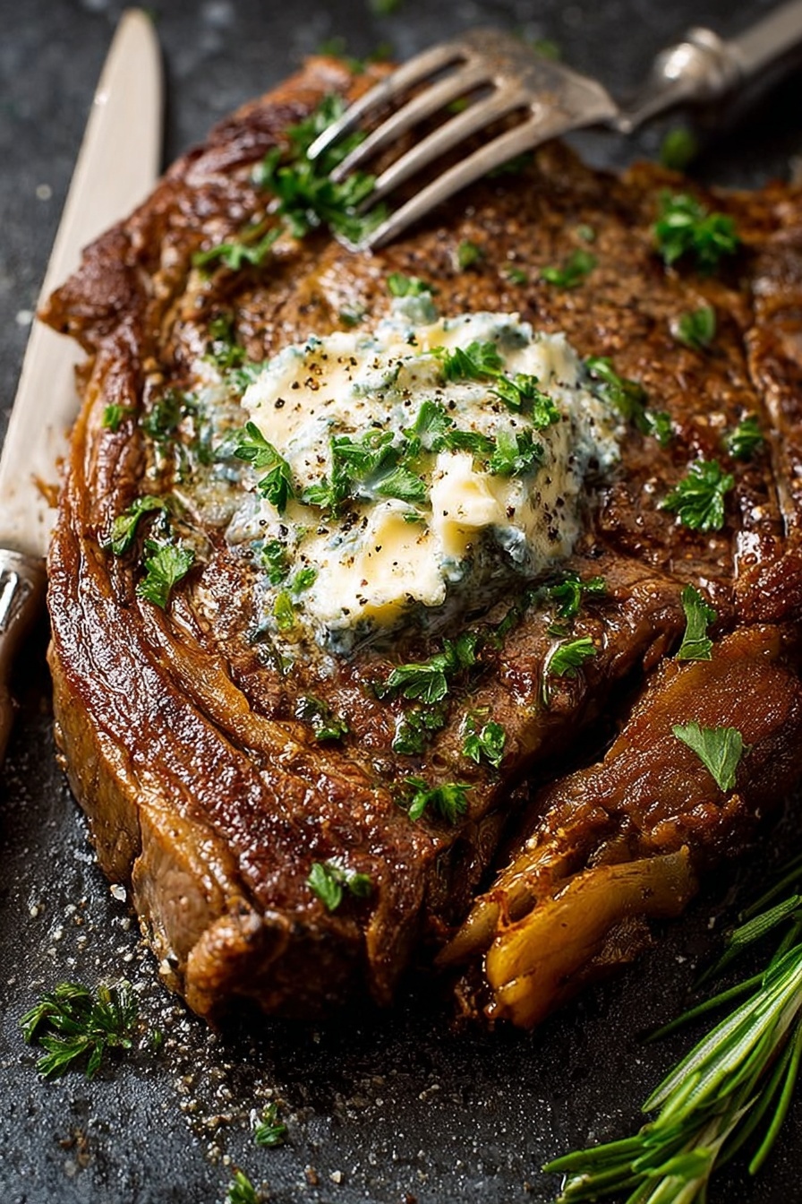 A cooked steak sits on a dark surface with a white marbled texture. The steak has a browned, slightly crispy outside with visible grill marks and a textured, juicy inner part. On top of the steak is a melted pat of butter, creamy and white with black pepper sprinkled on it. Fresh green parsley pieces are scattered over the steak and surface, adding a touch of bright color. A knife and fork rest near the steak, with the knife placed diagonally and the fork below it. A sprig of rosemary lies to the right side. The lighting shows the steak’s juicy and tender texture very clearly. Photo taken with an iphone --ar 2:3 --v 7
