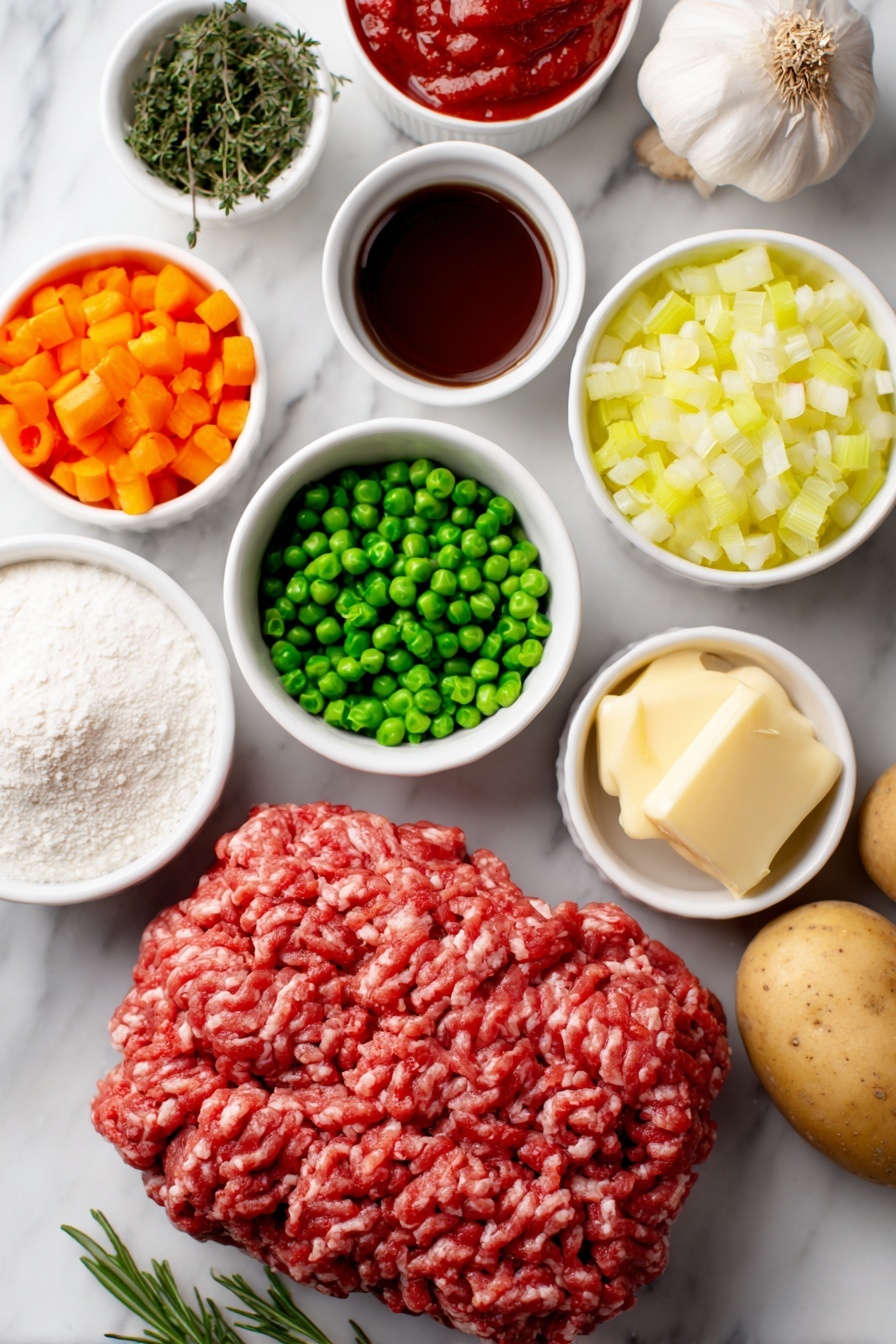 Flat lay of fresh raw ground beef formed in a loose mound, a small white ceramic bowl of bright orange peeled and diced carrots, a small white ceramic bowl holding diced celery stalks, a small white ceramic bowl filled with small diced yellow onion, six whole uncracked brown garlic bulbs (cloves visible), a small white ceramic bowl with fresh thyme leaves, a small white ceramic bowl with minced rosemary, a small white ceramic bowl of white all-purpose flour, a small white ceramic bowl of smooth red tomato paste, a small white ceramic bowl containing vibrant red fire-roasted diced tomatoes, a small white ceramic bowl with dark Worcestershire sauce, a small white ceramic bowl filled with rich brown beef broth, a small white ceramic bowl of fresh green peas, a few whole russet potatoes with russet skins, a small white ceramic bowl of unsalted butter, a small white ceramic bowl of creamy half and half, and a few sprigs of fresh green parsley arranged in perfect symmetry, placed on a clean white marble surface, soft natural light, photo taken with an iPhone, professional food photography style, fresh ingredients, white ceramic bowls, no bottles, no duplicates, no utensils, no packaging --ar 2:3 --v 7 --p m7354615311229779997