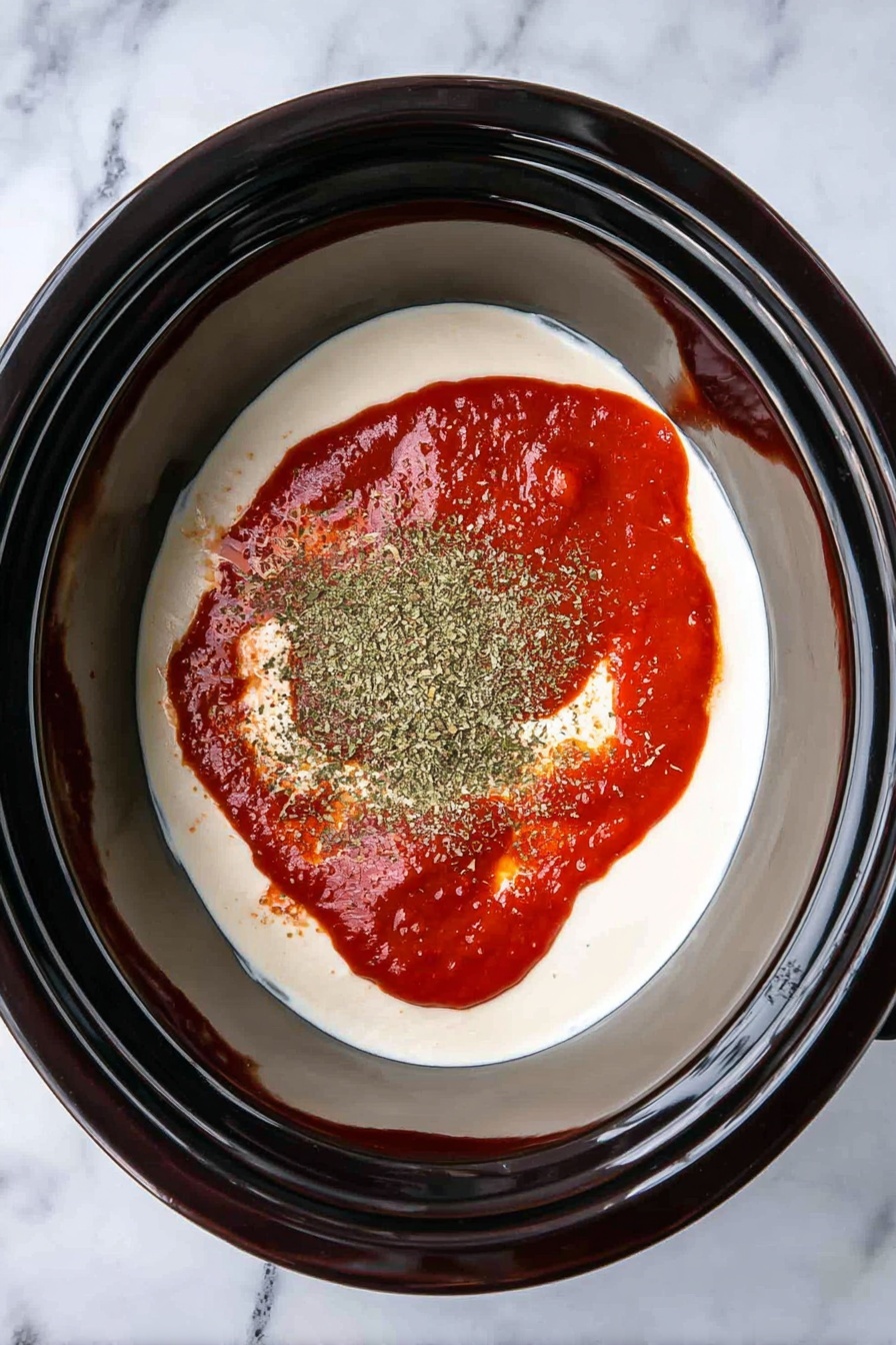 A white bowl is filled with three layers of food: the bottom layer has orange rigatoni pasta, the middle layer has sliced sausage pieces and strips of green and red peppers mixed in, and the top layer is covered with some melted white cheese shreds and small green herb bits sprinkled over. The bowl is on a dark textured cloth with a bunch of green herbs in the background and a small white bowl of shredded cheese nearby. photo taken with an iphone --ar 2:3 --v 7