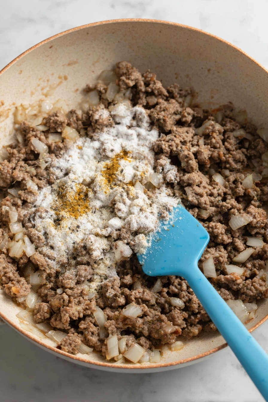 A white plate filled with shell-shaped pasta mixed in a thick orange sauce with visible small chunks of browned meat evenly spread throughout. The pasta shells are coated well, with the sauce filling in the grooves of the shells, giving a creamy look. Sprinkles of fresh green herbs are scattered on top to add color contrast. A silver fork rests on the edge of the plate, partly in the food. The dish is placed on a white marbled surface. photo taken with an iphone --ar 2:3 --v 7