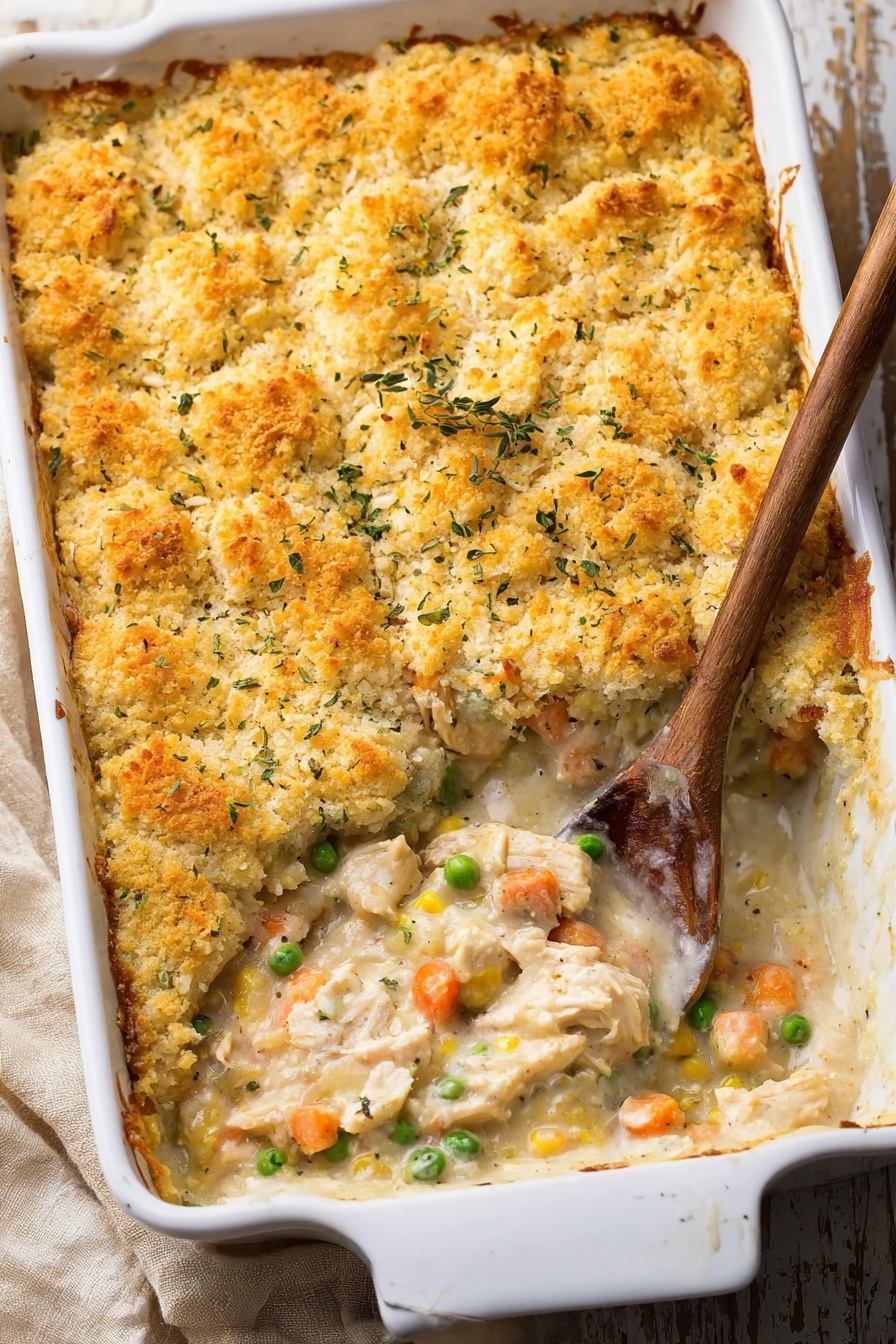 A white rectangular baking dish holds a layered casserole with two distinct parts: on the left side is a golden brown, slightly rough and crispy topping sprinkled with small green herbs, covering the casserole. On the right side, this topping is scooped out, revealing a creamy, thick filling with soft pieces of white meat, small round green peas, and chunks of orange carrots mixed in a thick light sauce. A spoon with a wooden handle rests inside the dish, partially covered by the filling. The dish sits on a white marbled surface with a beige cloth partially visible in the corner. Photo taken with an iphone --ar 2:3 --v 7