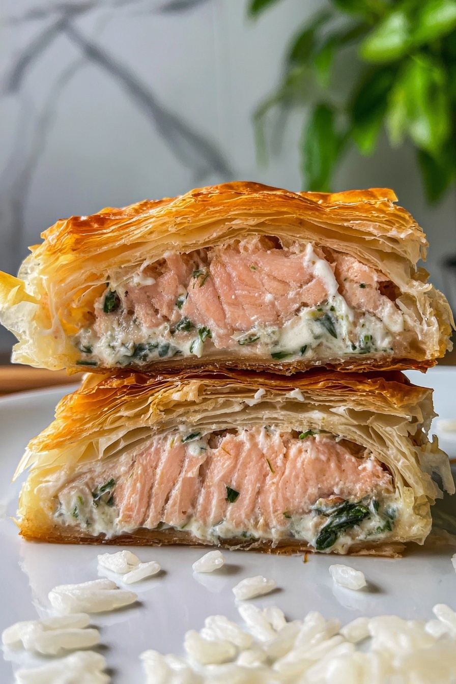 The image shows a close-up of two thick pieces of salmon wrapped in a flaky, golden-brown layered pastry, stacked on top of each other. Each piece has a pink, tender salmon layer in the center, surrounded by a creamy white sauce with bits of green herbs inside the pastry. The pastry is thin and crisp with multiple delicate layers visible at the edges. The dish is placed on a white surface with some scattered grains of white rice around it, and the background has a blurred green plant and a white marbled texture. photo taken with an iphone --ar 2:3 --v 7