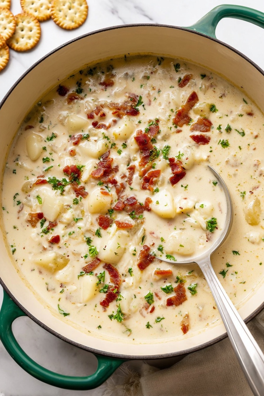 A close-up view of a thick creamy soup in a white cast iron pot with green handles. The soup is light beige with chunks of potatoes and bits of browned bacon scattered on top. Small green parsley pieces are sprinkled evenly over the surface. A metal ladle sits inside the pot on the right, partially submerged in the soup. The pot is placed on a white marbled surface with a beige cloth underneath on the right side. Some round crackers are slightly visible in the background on the upper left side. Photo taken with an iphone --ar 2:3 --v 7