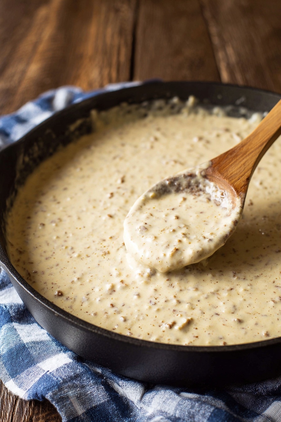 A close-up of a black pan filled with thick, creamy sauce that is light beige with small brown bits spread evenly throughout. A wooden spoon is scooping some of the sauce, showing its chunky and smooth texture. The pan is placed on a wooden surface with a blue and white checkered cloth nearby. The background is blurred with a warm, dark wooden color. photo taken with an iphone --ar 2:3 --v 7