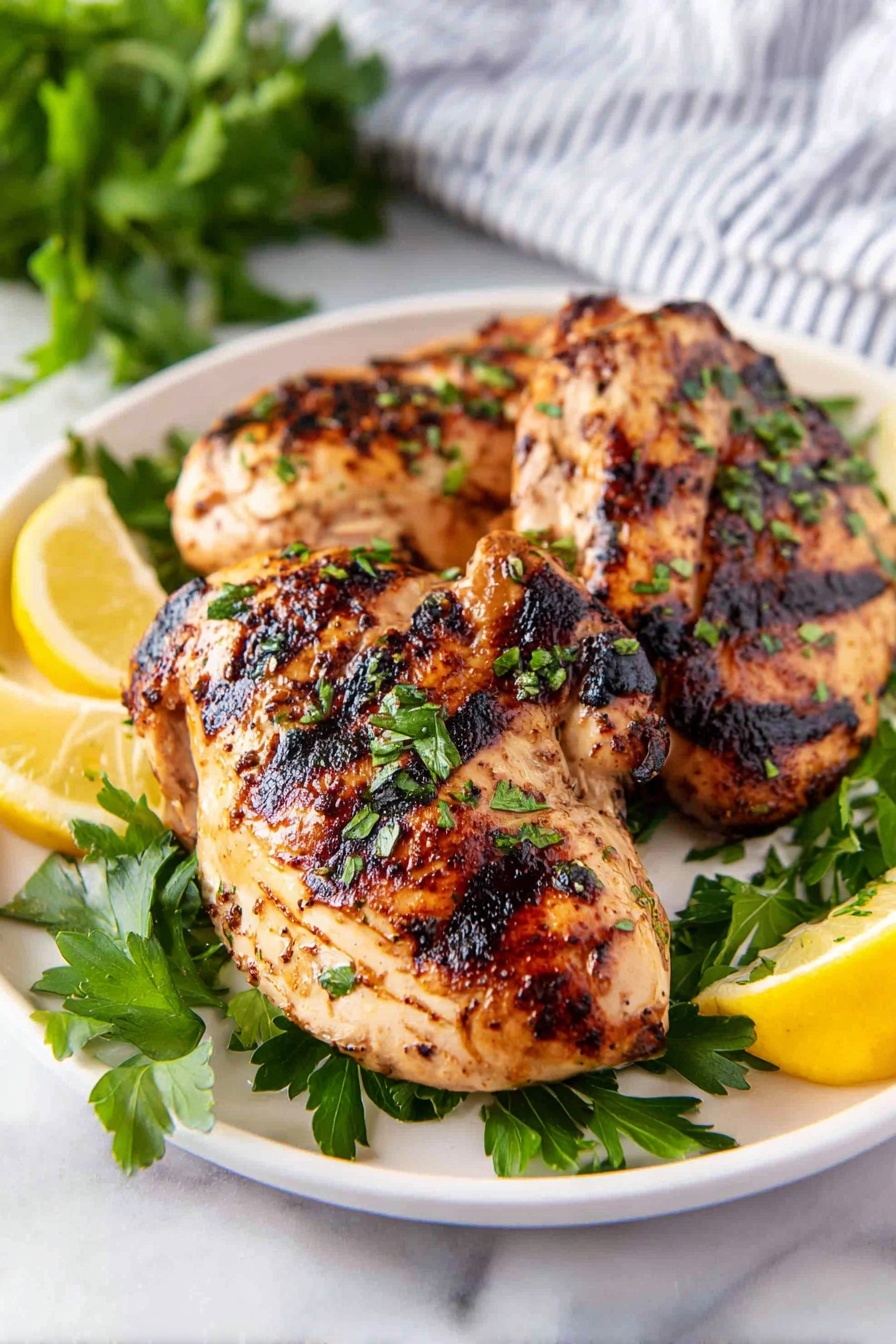 The image shows three grilled chicken pieces with a golden-brown color and dark grill marks, placed on a white plate. The chicken is sprinkled with green chopped herbs and surrounded by fresh green parsley leaves. Around the chicken and parsley, there are several yellow lemon wedges that add contrast. The plate is on a white marbled surface, and there is a striped cloth and a blurred green plant in the background. The photo taken with an iphone --ar 2:3 --v 7