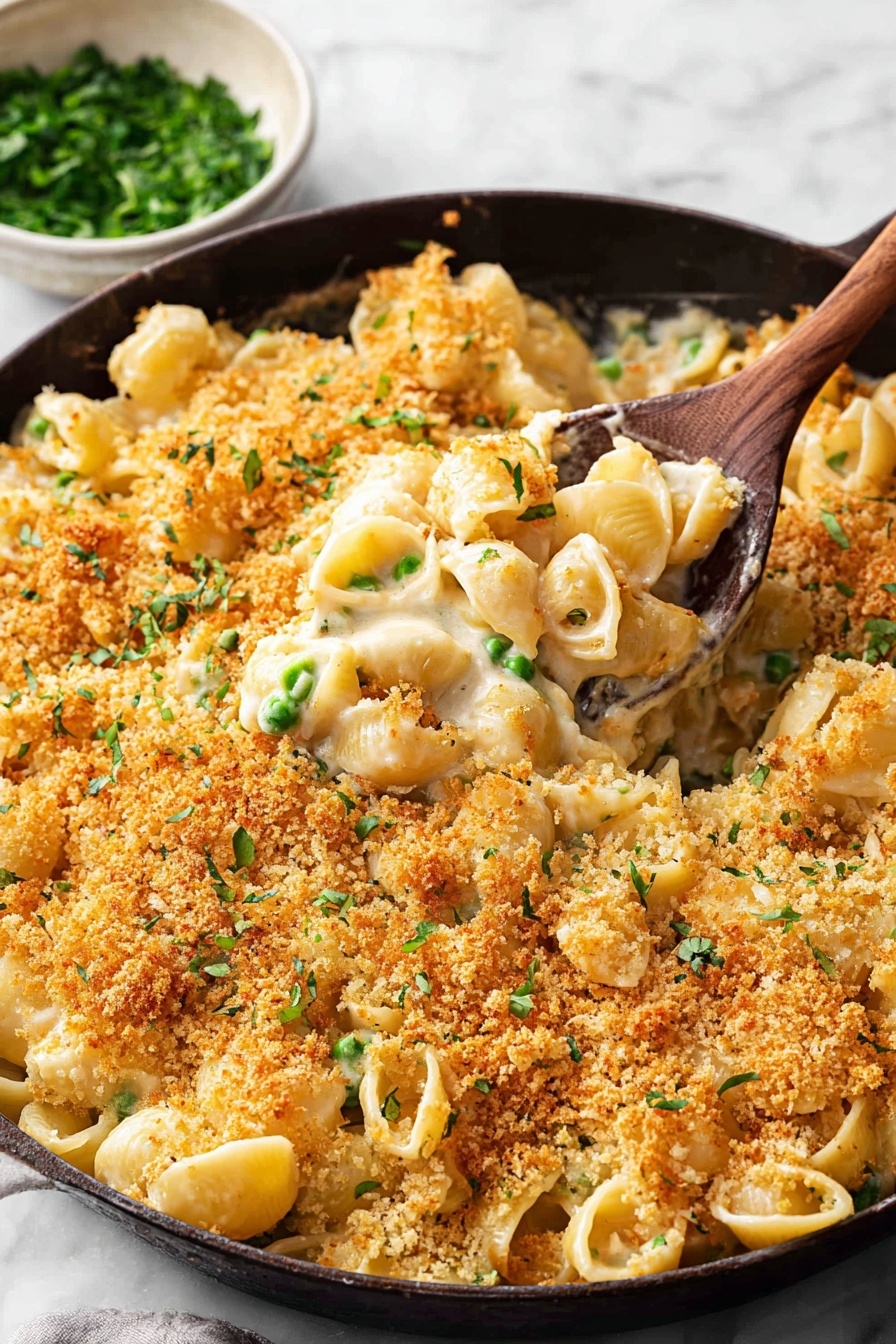 The image shows a dark skillet filled with creamy baked pasta. The dish has three main layers: the bottom layer is light yellow pasta shells coated in a smooth, creamy sauce; the middle layer includes green peas mixed into the pasta; the top layer is golden brown, crunchy breadcrumbs sprinkled evenly, with small green herb pieces scattered on top. A wooden spoon lifts a portion of the pasta from the skillet, revealing the creamy inside. A bowl with chopped green herbs sits in the background on a white marbled surface. Photo taken with an iphone --ar 2:3 --v 7