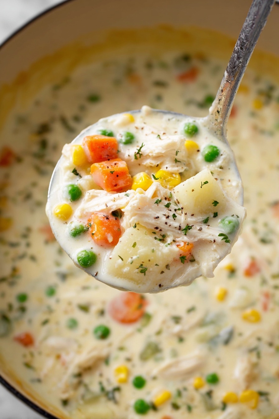 A large metal ladle holds one scoop of creamy white soup filled with layers of different ingredients: chunky white potato pieces, bright orange carrot chunks, small green peas, yellow corn kernels, and white pieces of cooked chicken, all mixed in a thick creamy base with small green herb bits scattered throughout and a light sprinkle of black pepper on top. The background shows more soup with the same colorful, thick texture in a pot against a white marbled surface. photo taken with an iphone --ar 2:3 --v 7